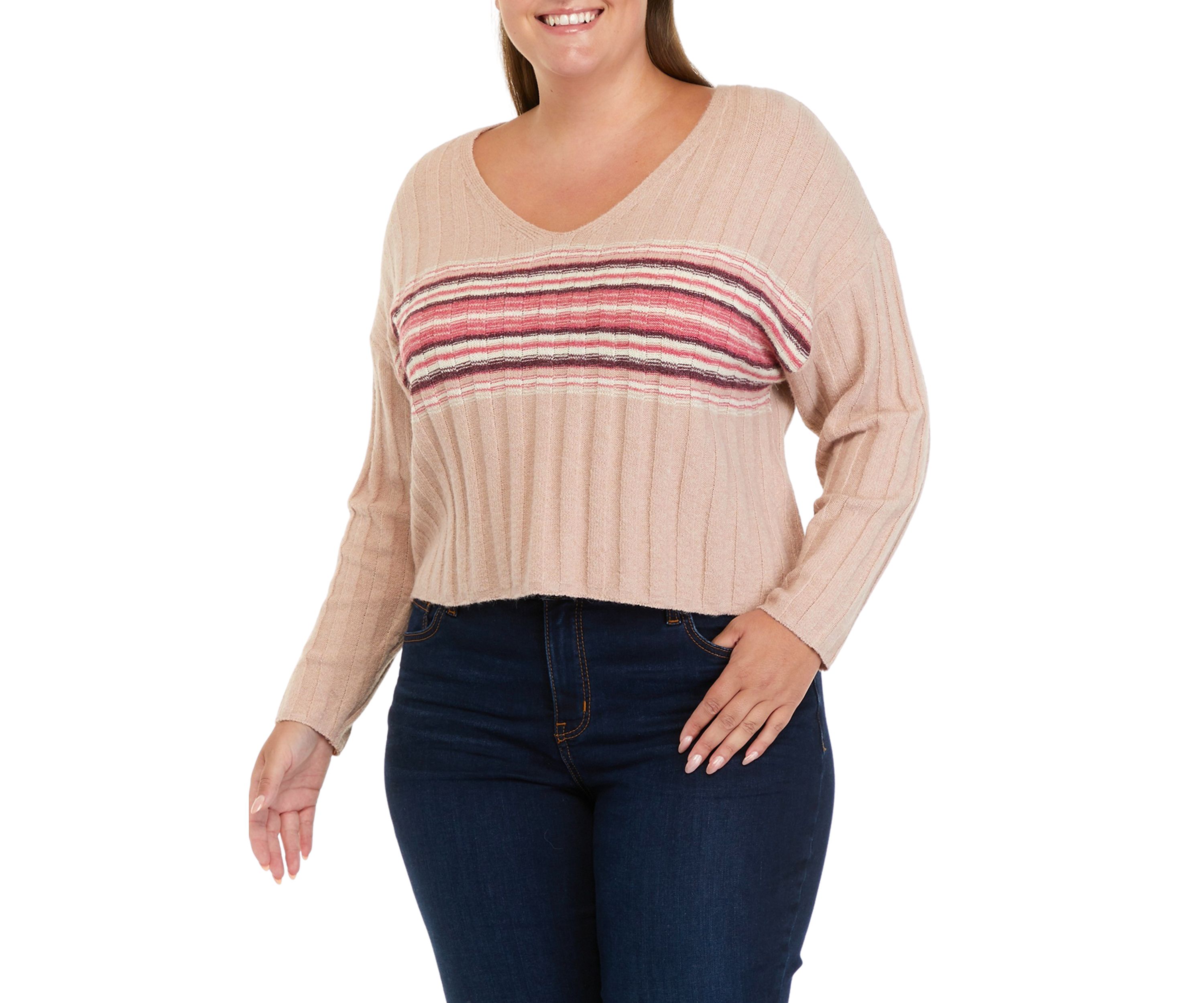 Plus Size Long Sleeve Ribbed V-Neck Sweater with Stripes