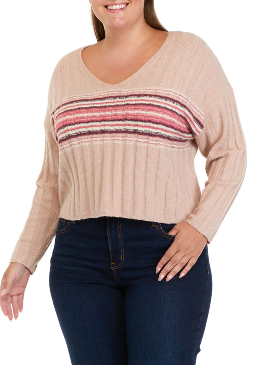 Plus Size Long Sleeve Ribbed V-Neck Sweater with Stripes