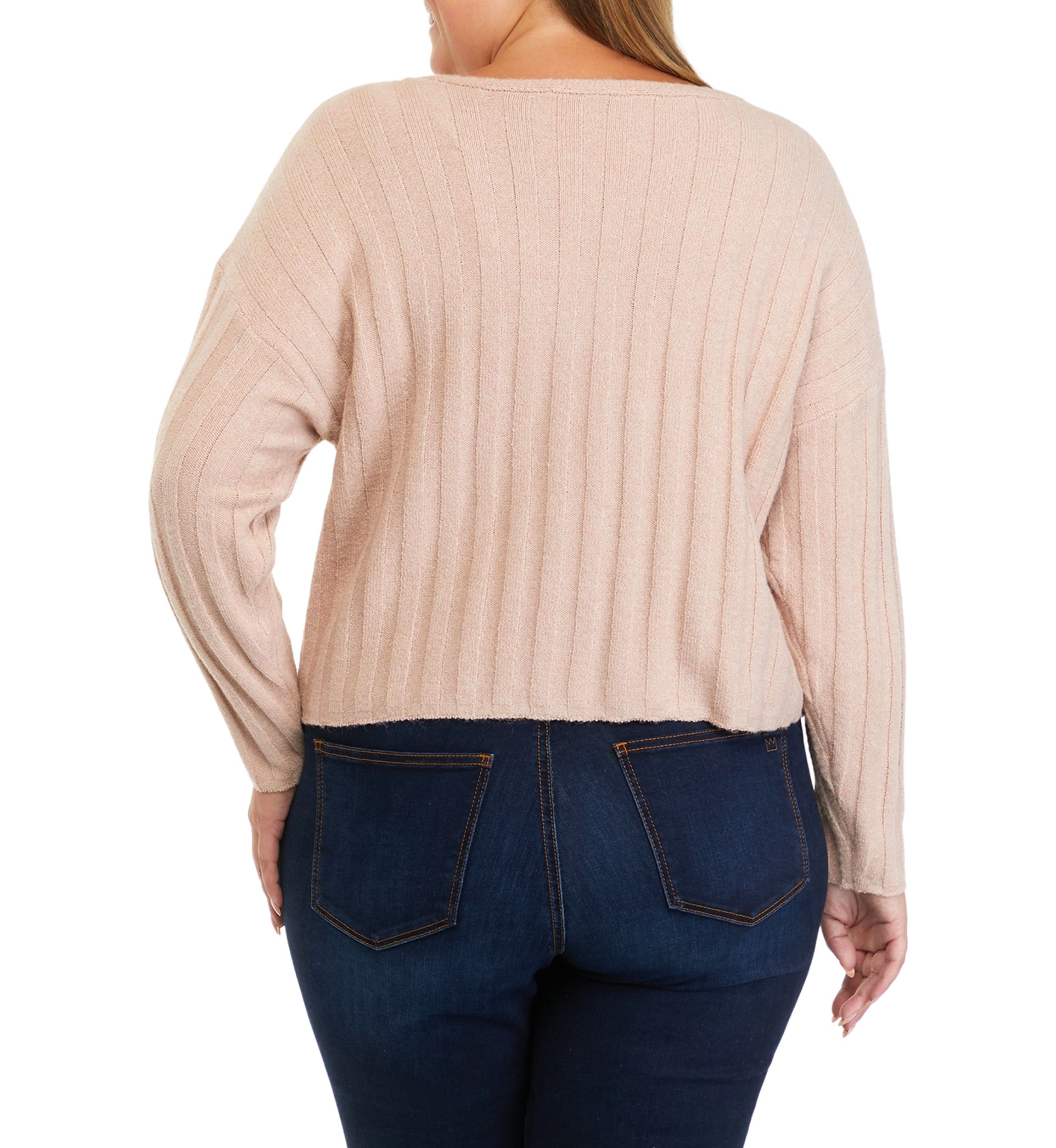 Plus Size Long Sleeve Ribbed V-Neck Sweater with Stripes