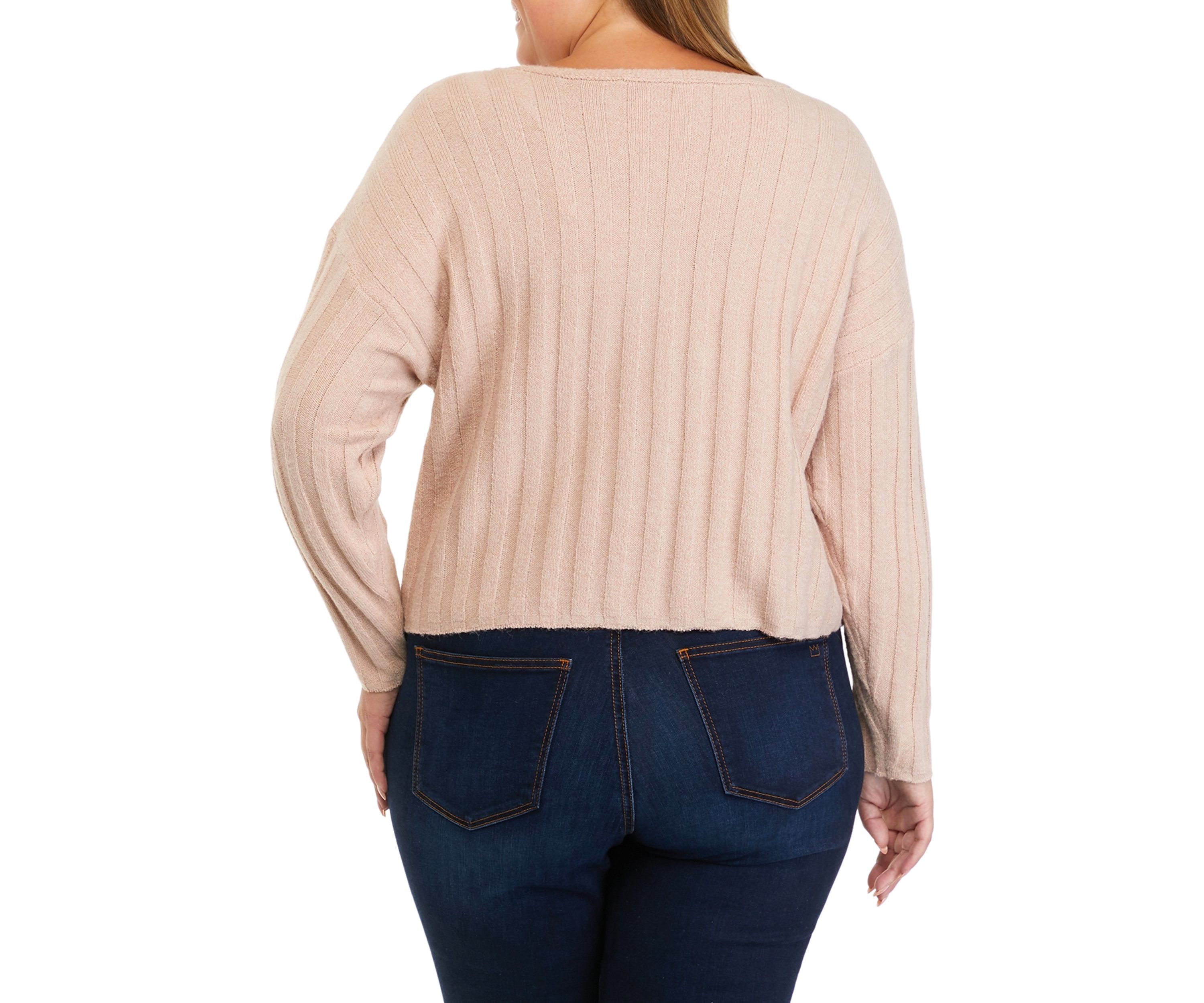 Plus Size Long Sleeve Ribbed V-Neck Sweater with Stripes