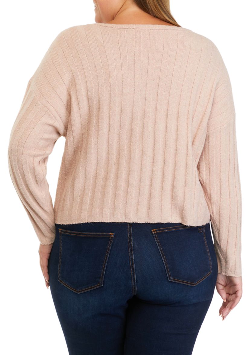 Plus Size Long Sleeve Ribbed V-Neck Sweater with Stripes