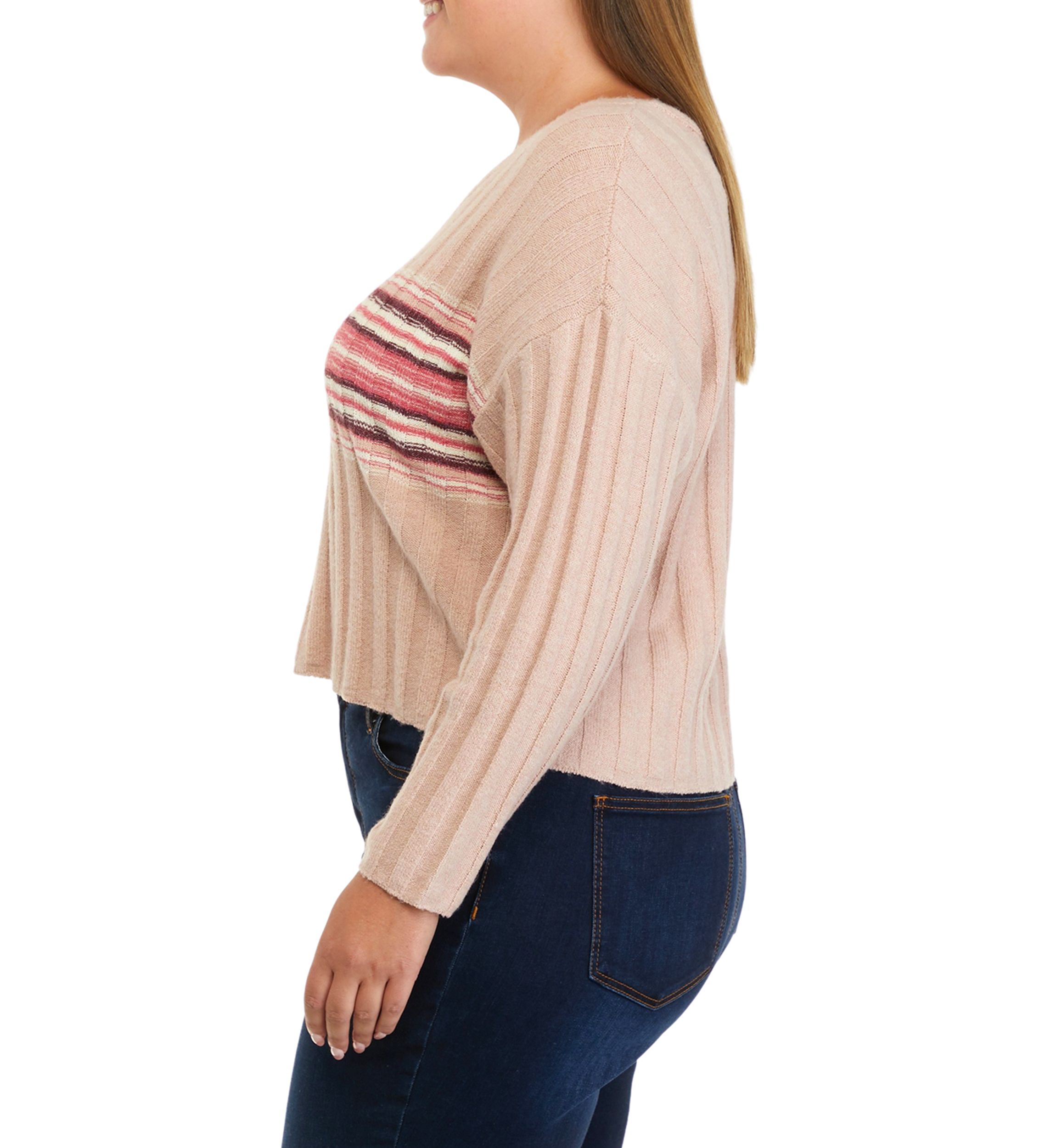 Plus Size Long Sleeve Ribbed V-Neck Sweater with Stripes