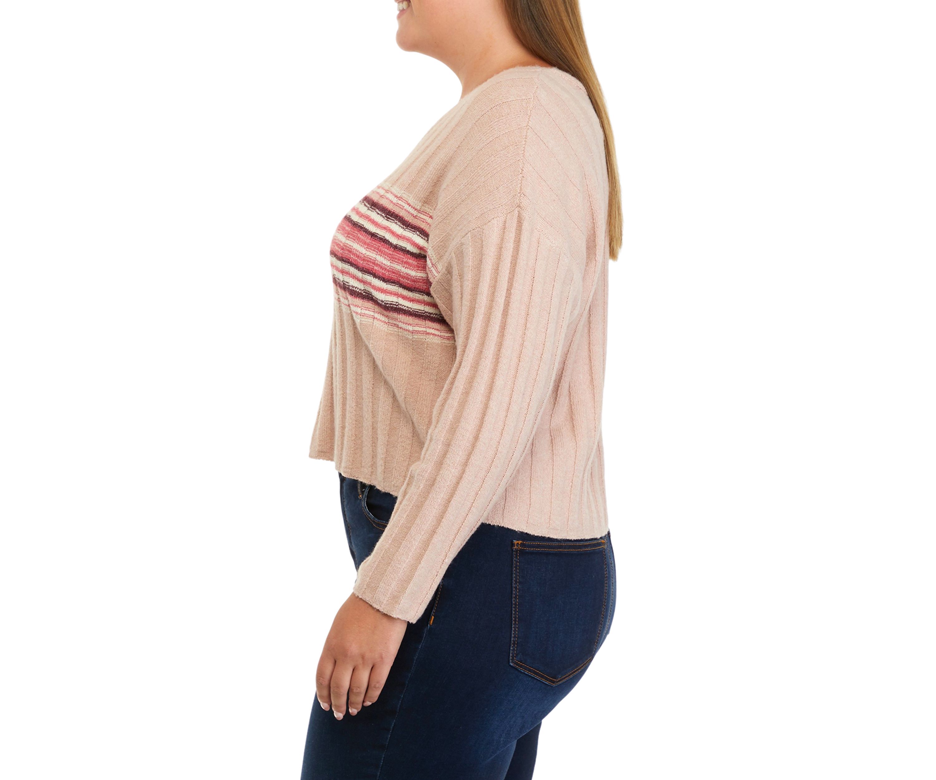 Plus Size Long Sleeve Ribbed V-Neck Sweater with Stripes