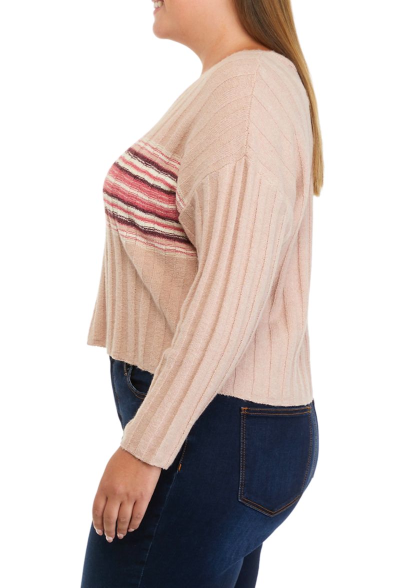 Plus Size Long Sleeve Ribbed V-Neck Sweater with Stripes