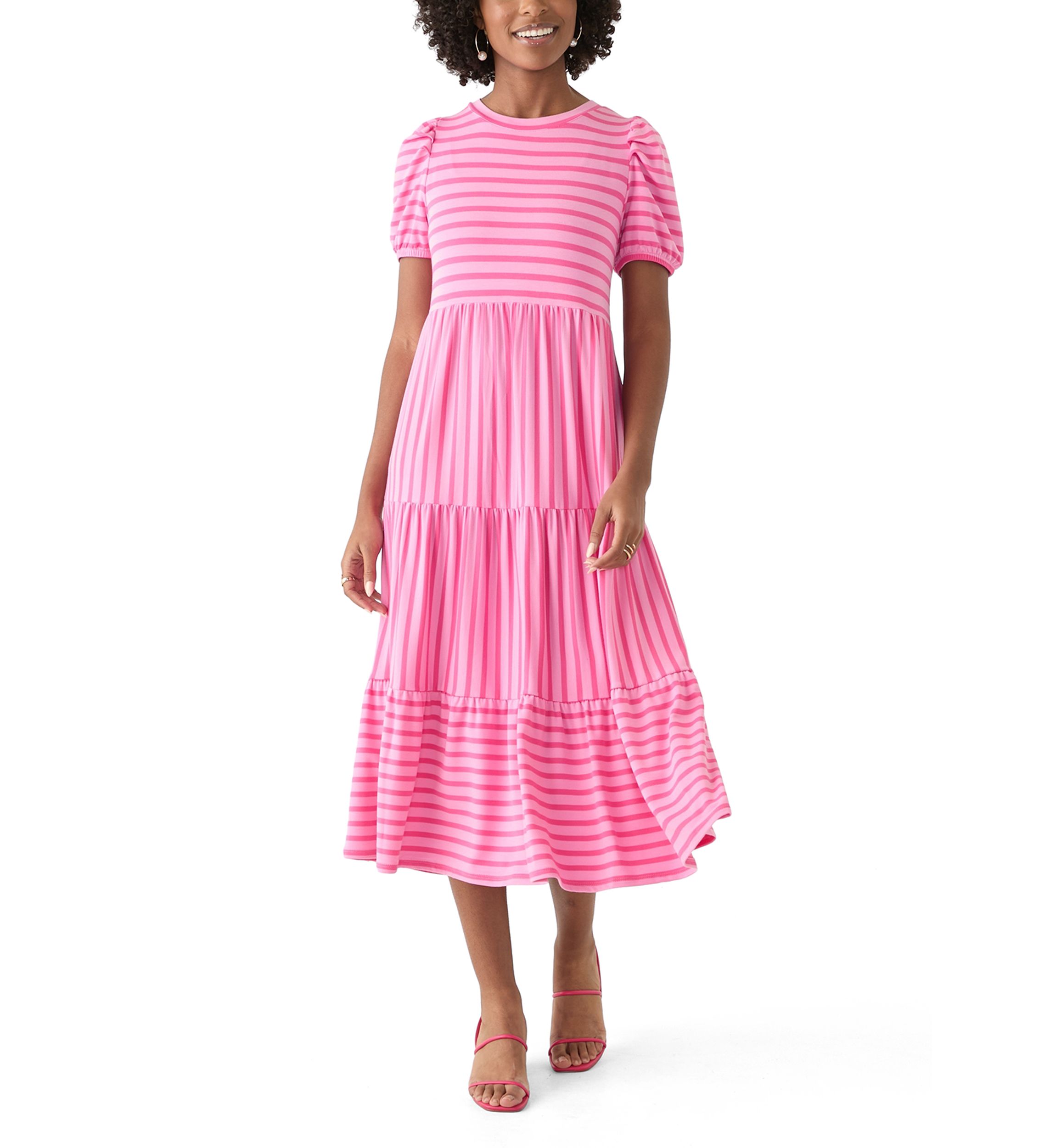 Womens Puff Sleeve Striped Midi Dress