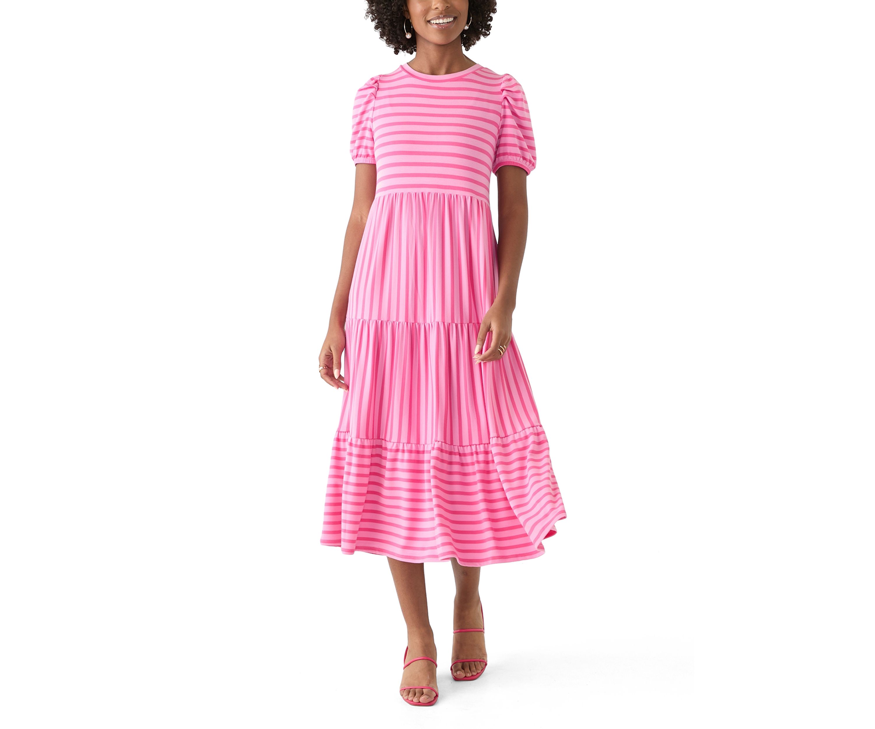 Womens Puff Sleeve Striped Midi Dress