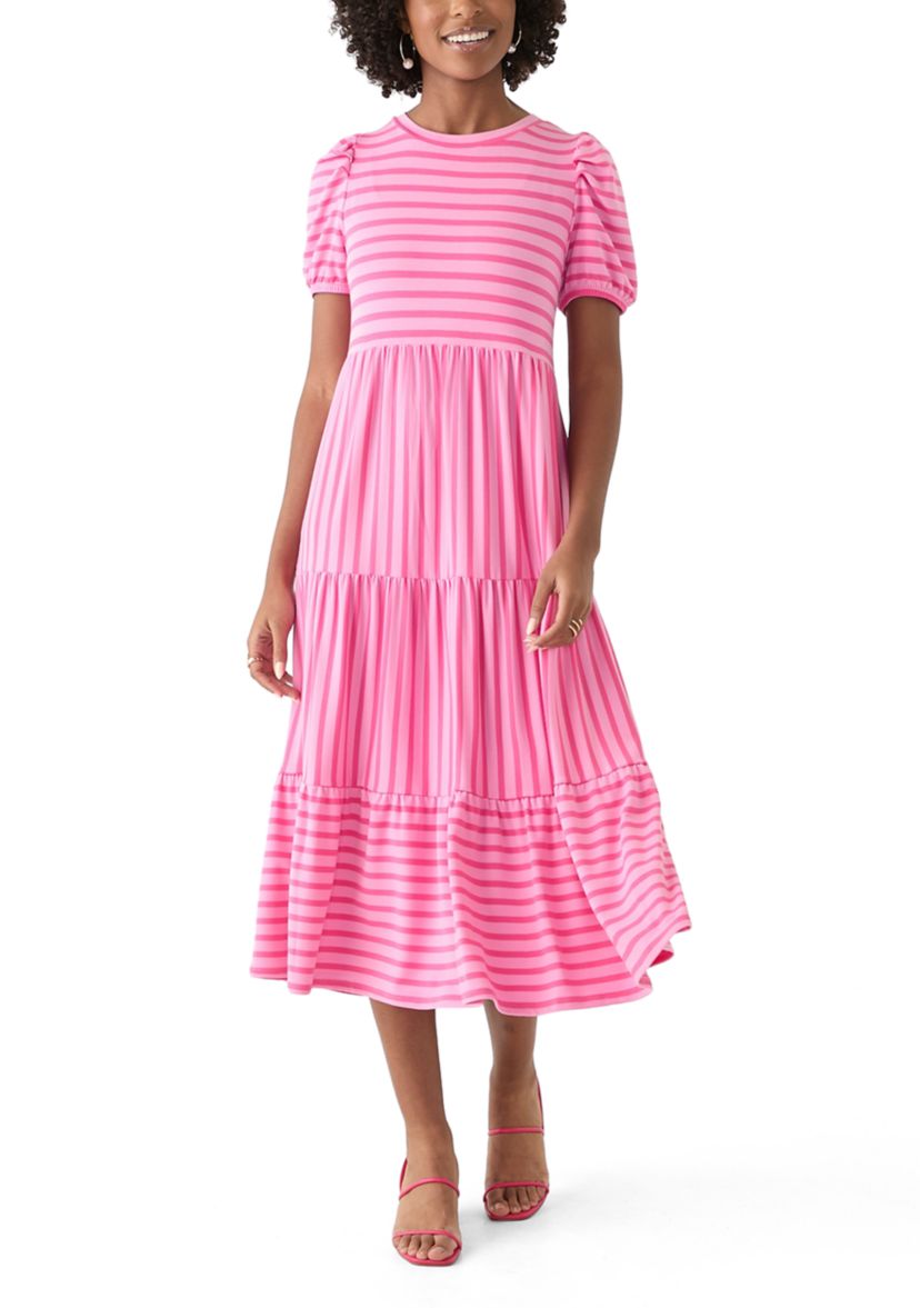Womens Puff Sleeve Striped Midi Dress