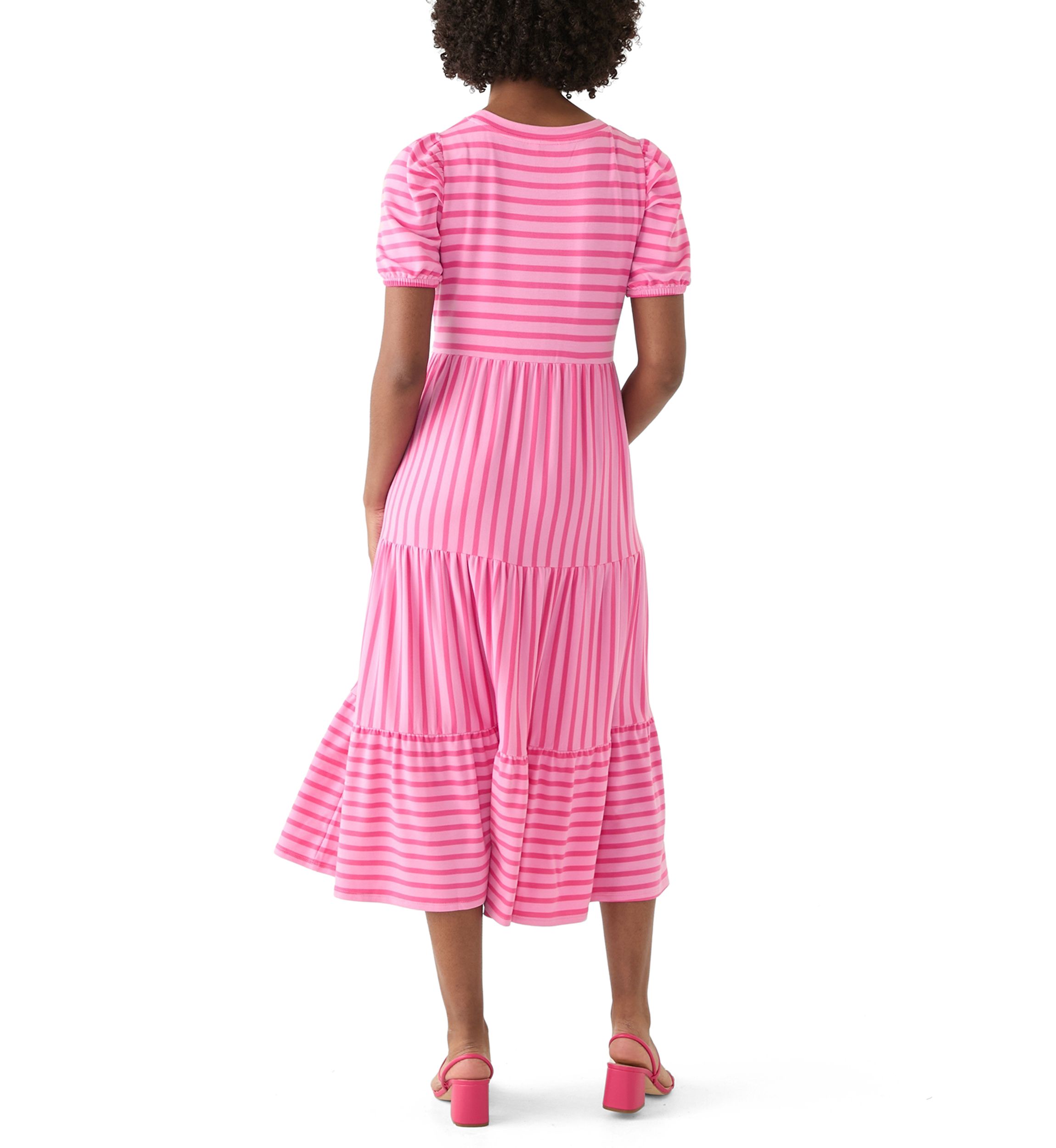 Womens Puff Sleeve Striped Midi Dress