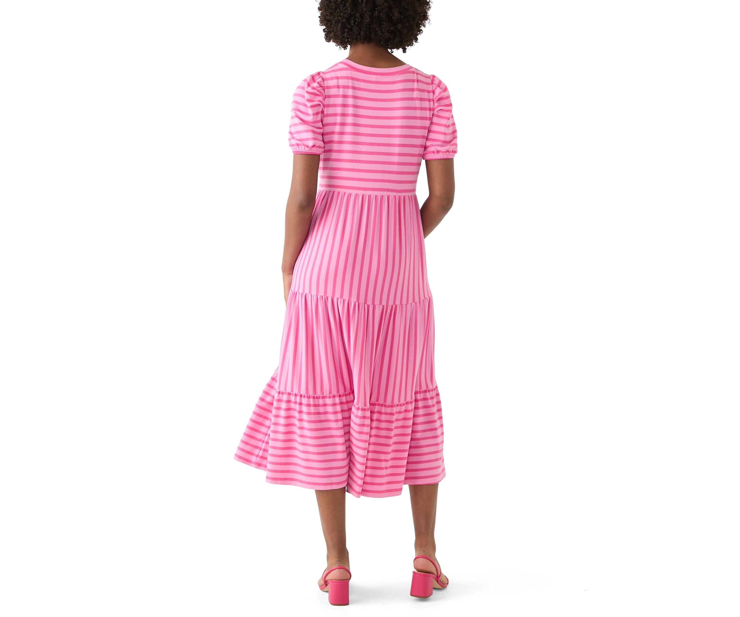 Womens Puff Sleeve Striped Midi Dress