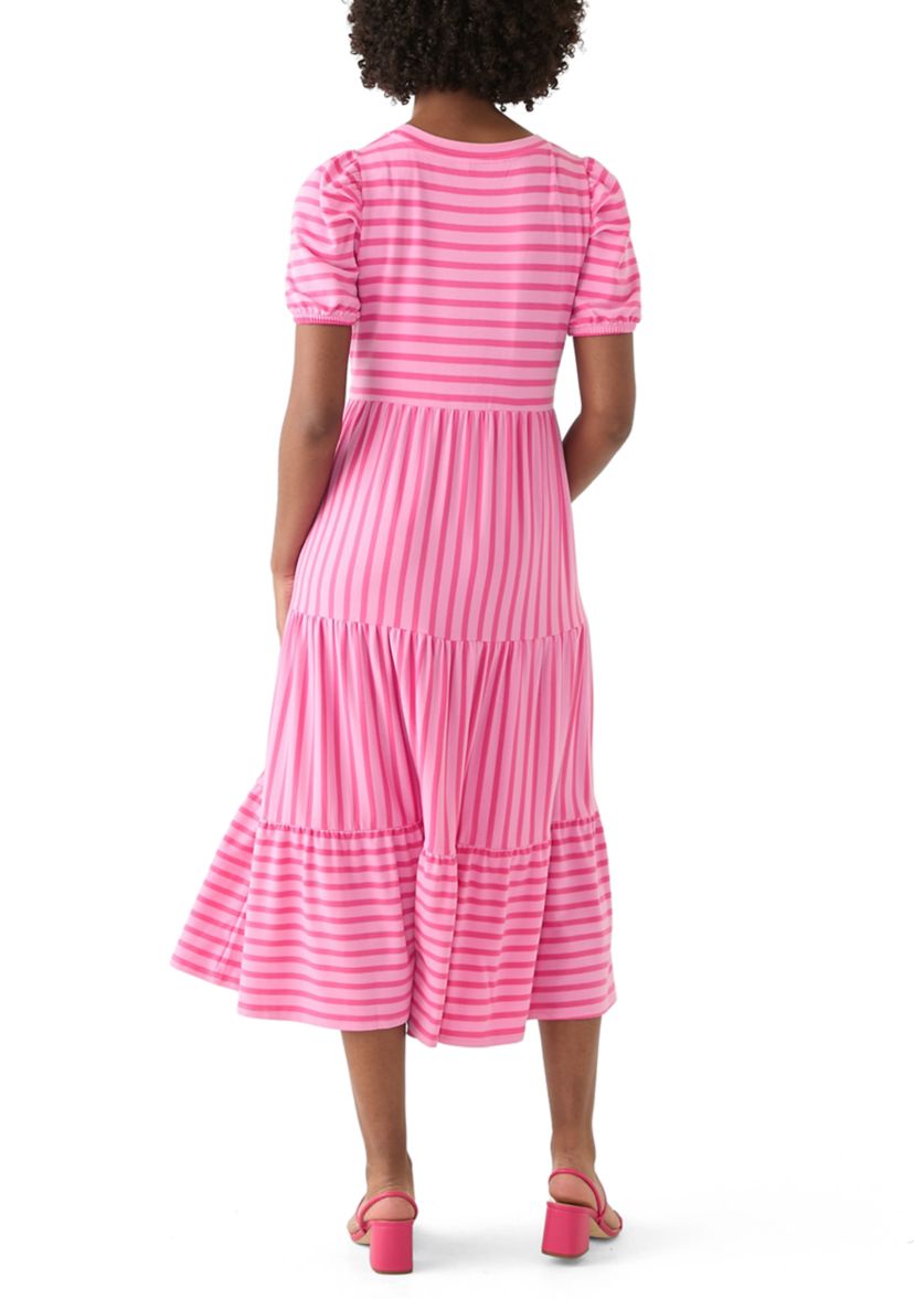 Womens Puff Sleeve Striped Midi Dress