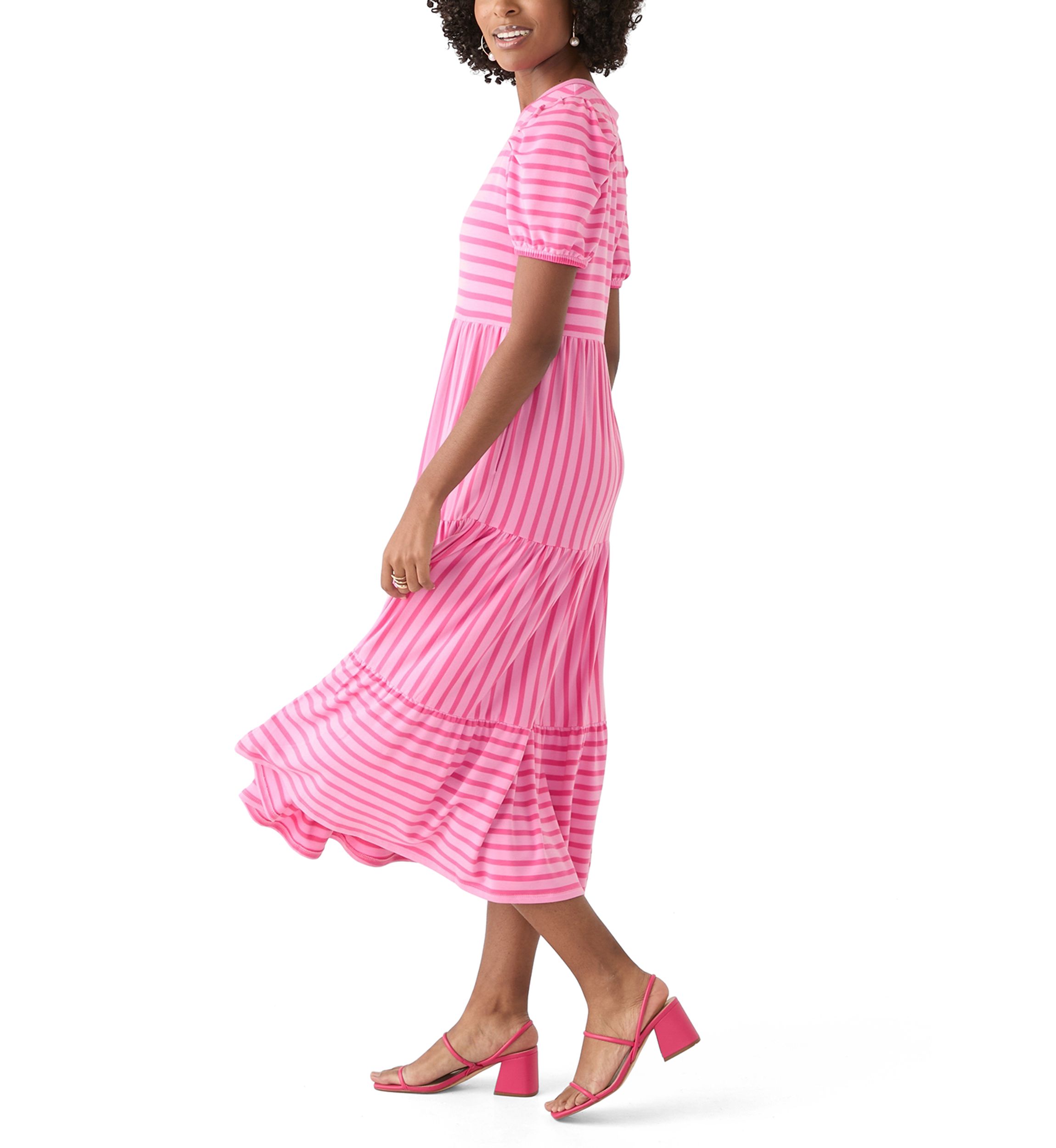 Womens Puff Sleeve Striped Midi Dress