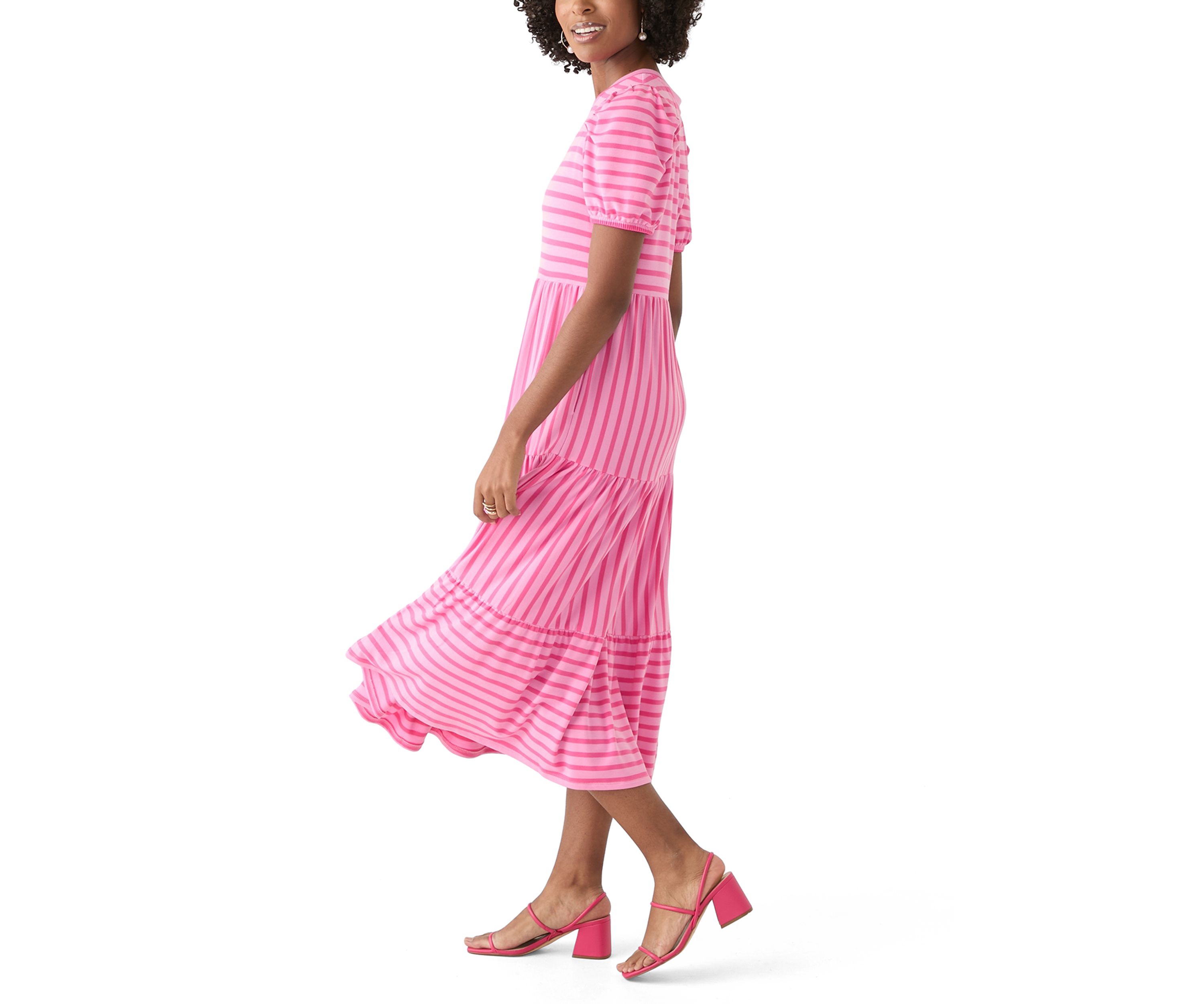 Womens Puff Sleeve Striped Midi Dress