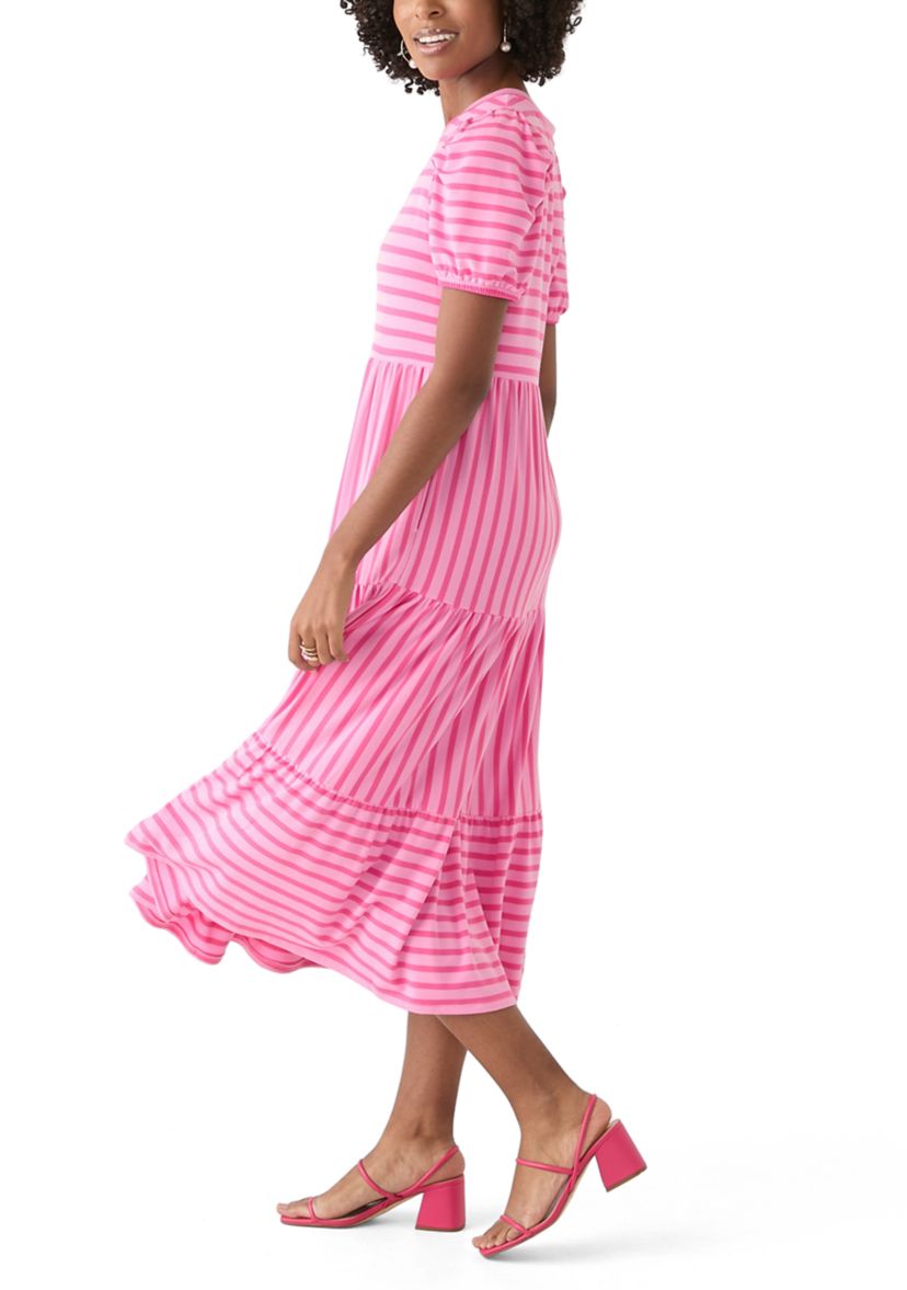 Womens Puff Sleeve Striped Midi Dress