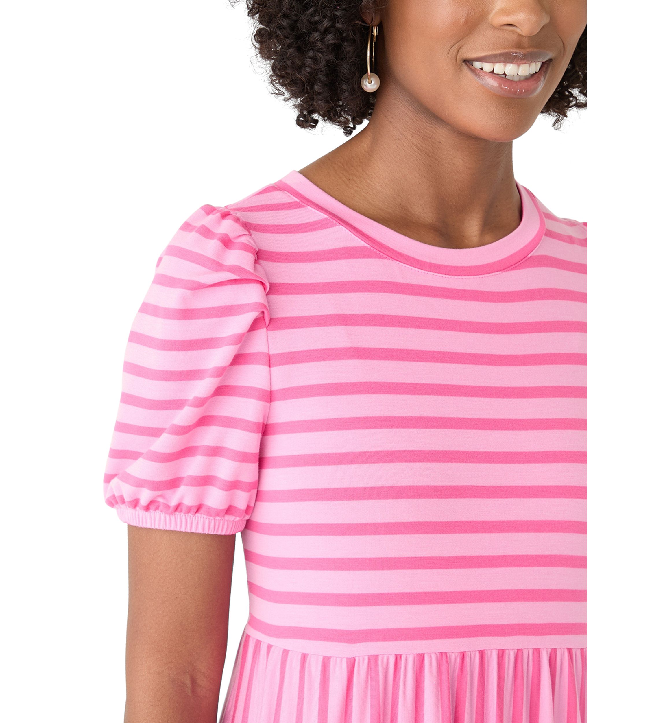 Womens Puff Sleeve Striped Midi Dress