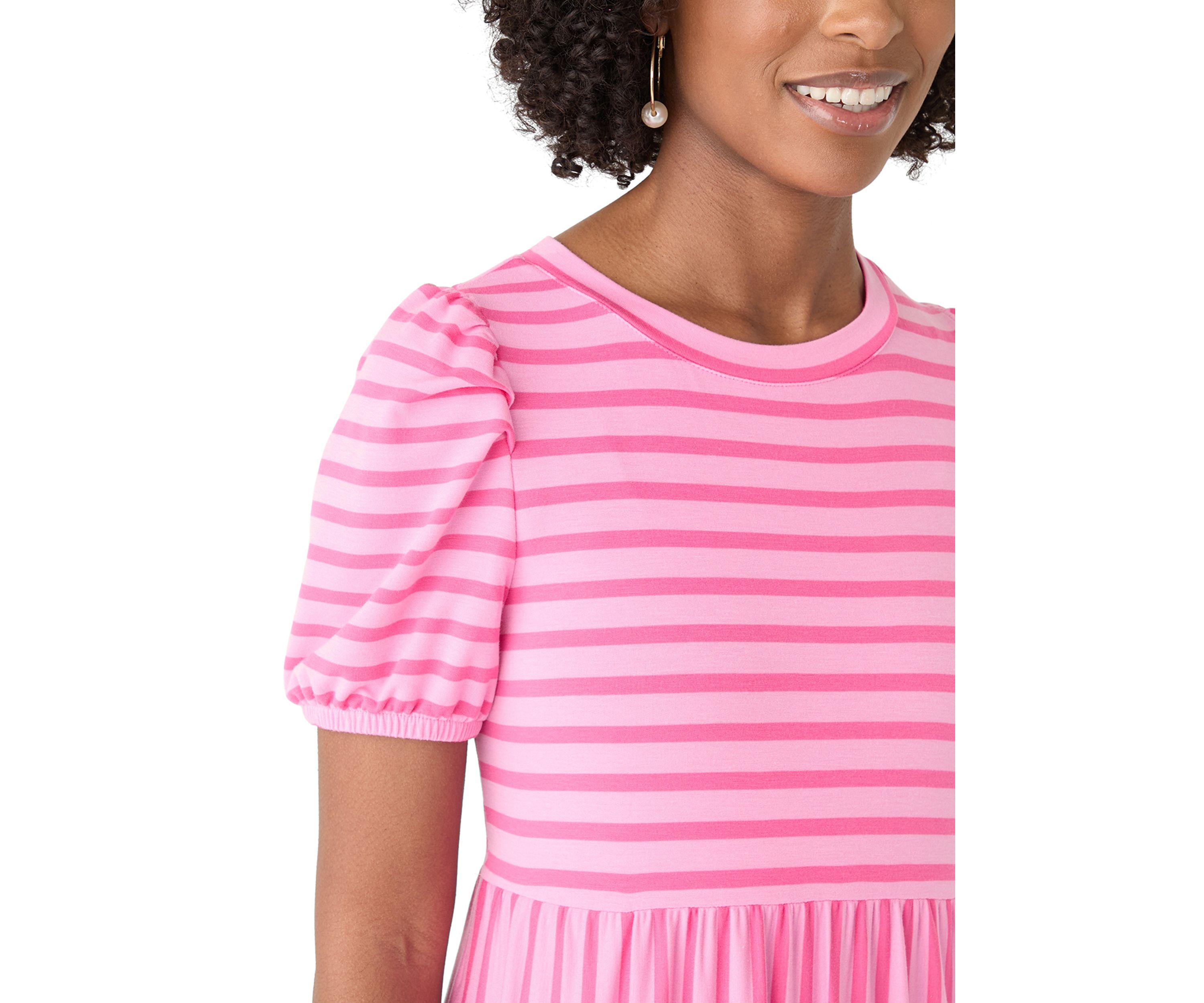 Womens Puff Sleeve Striped Midi Dress