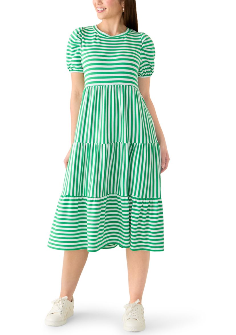 crown and ivy green dress Crown & Ivy Women's Petite Short Puff Sleeve Tiered Midi Dress, PM