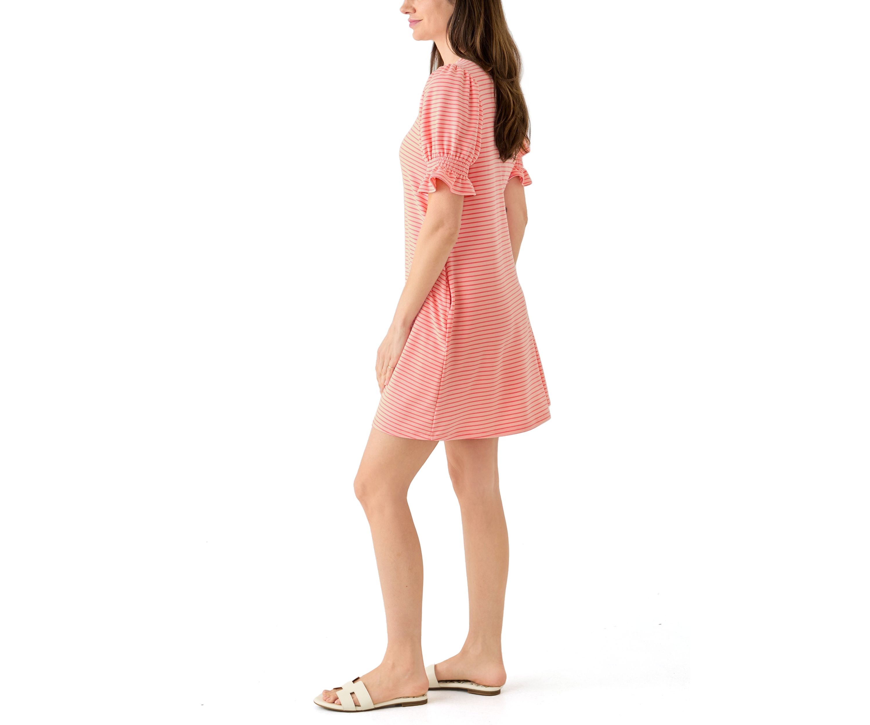 Womens Short Puff Sleeve Striped  Dress