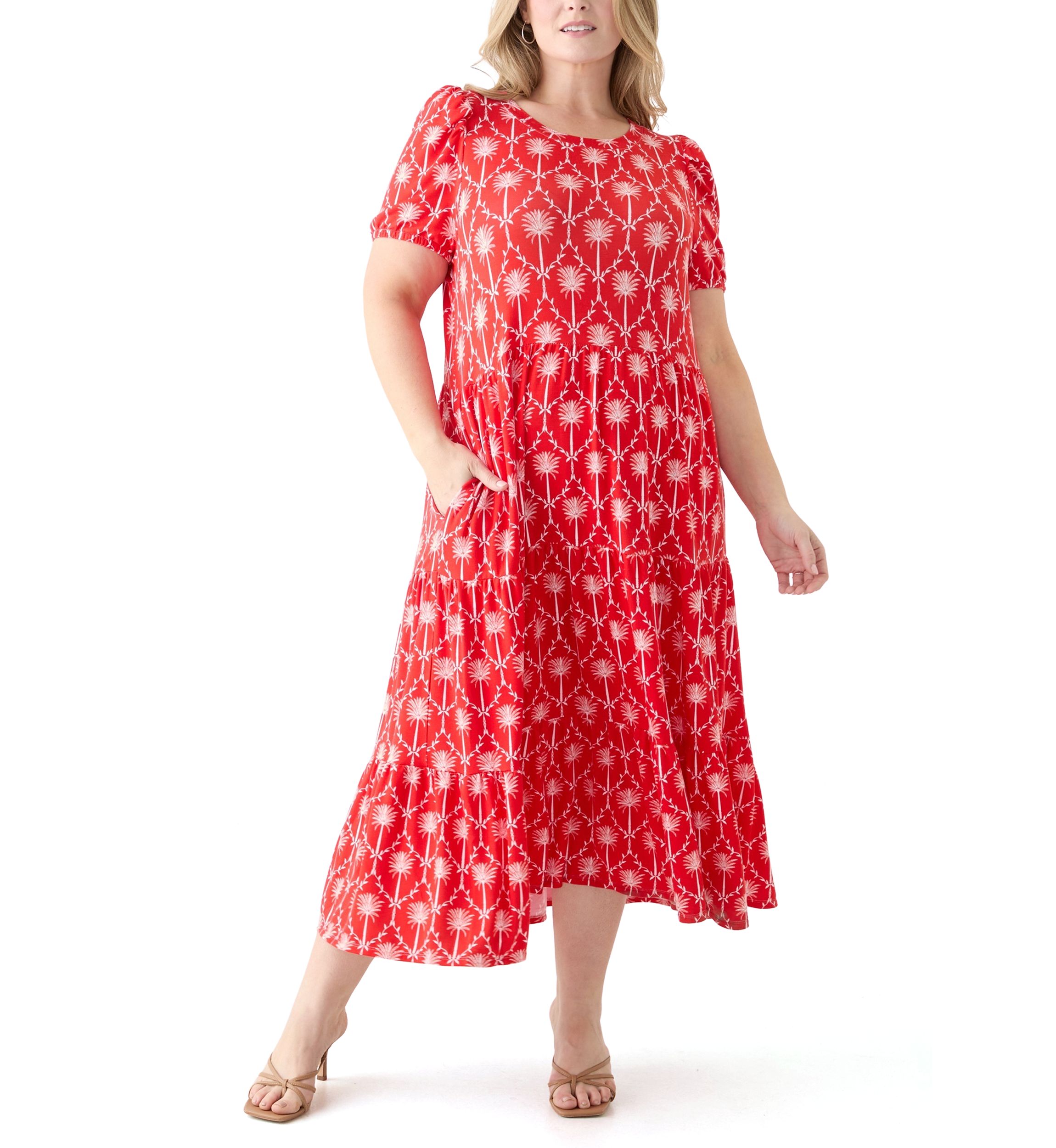 Plus Size Short Sleeve Baby Terry Tiered Printed Maxi Dress