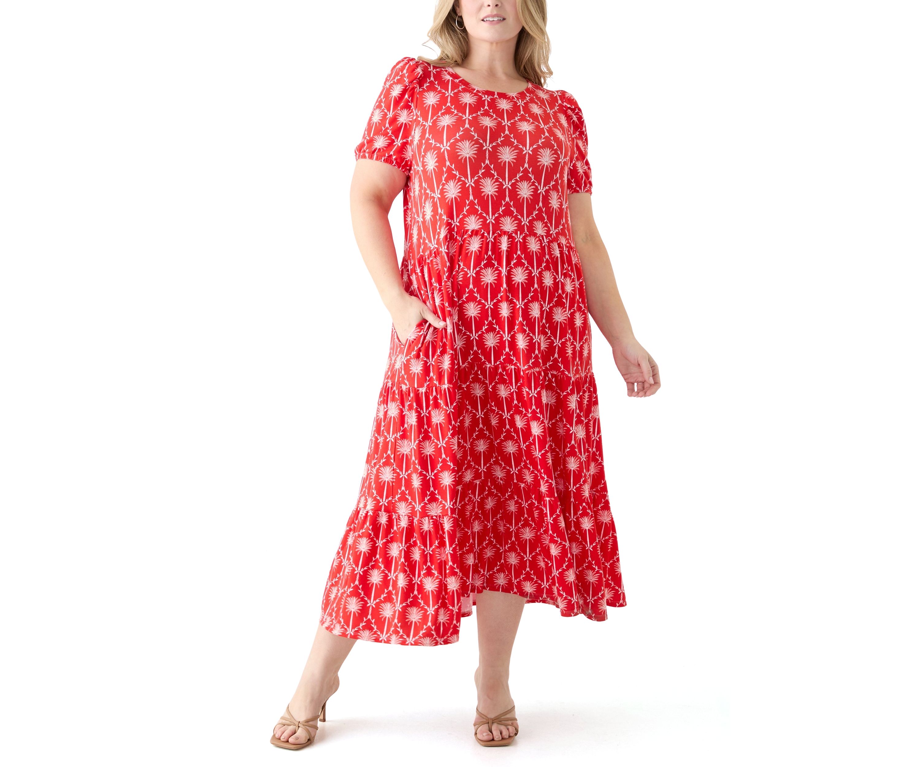 Plus Size Short Sleeve Baby Terry Tiered Printed Maxi Dress