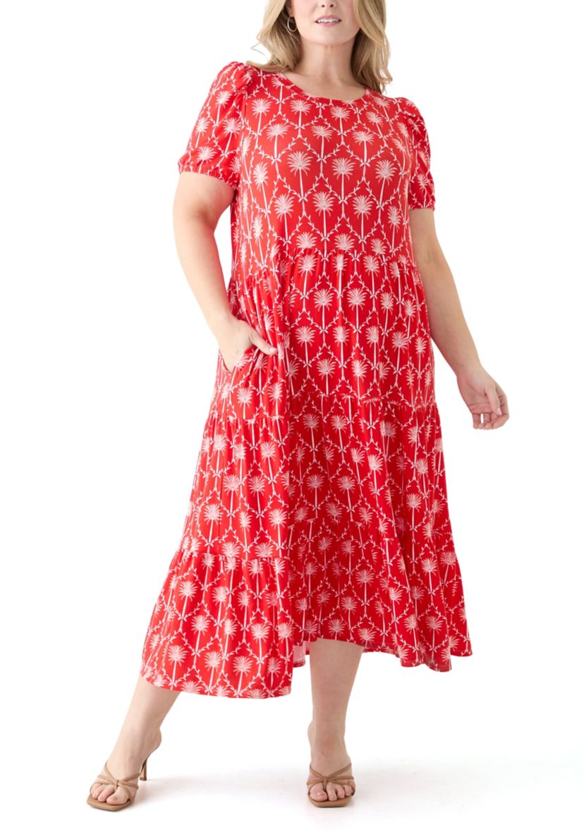 Plus Size Short Sleeve Baby Terry Tiered Printed Maxi Dress