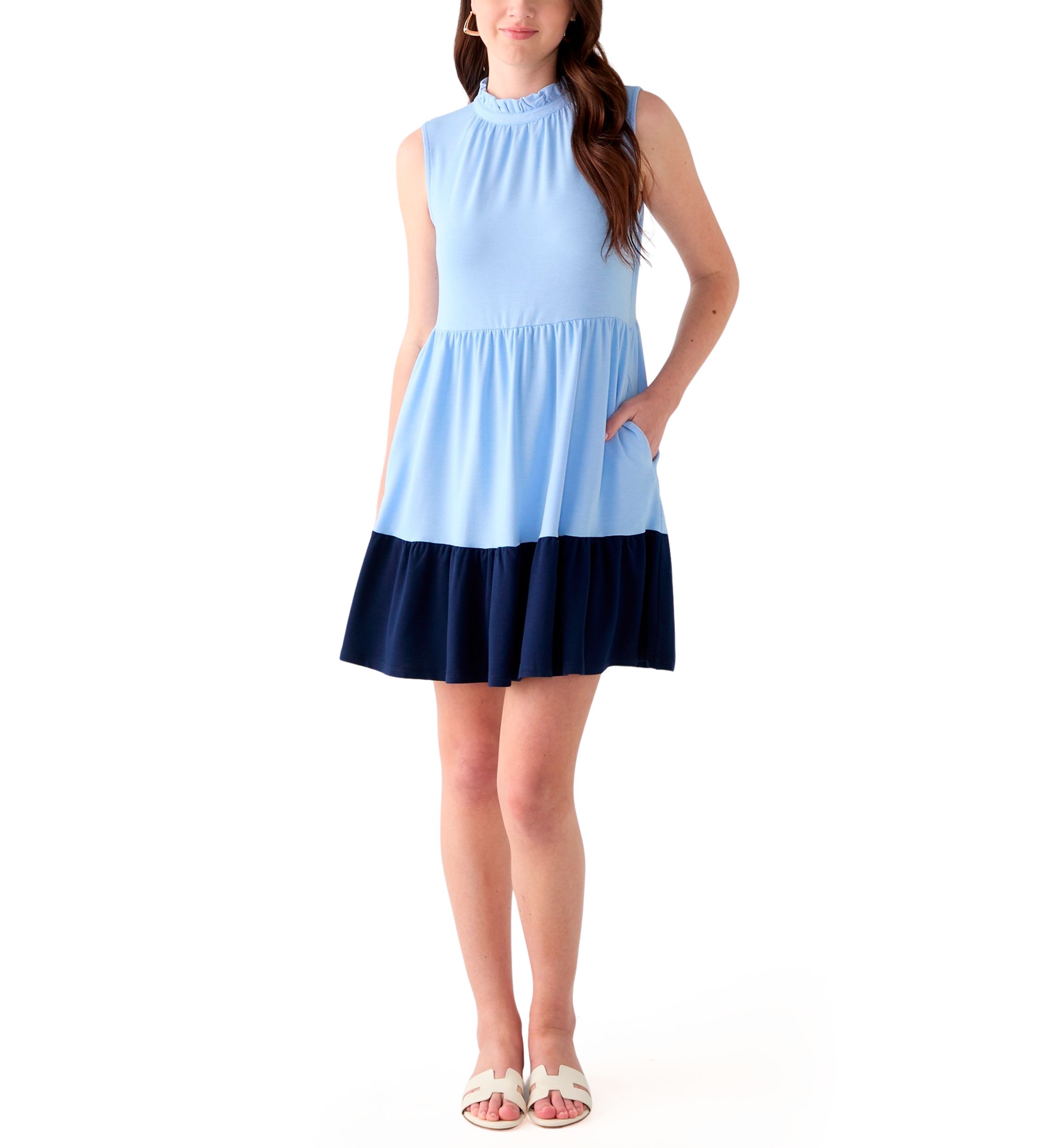 Womens Sleeveless Color Block Tiered Mini Dress