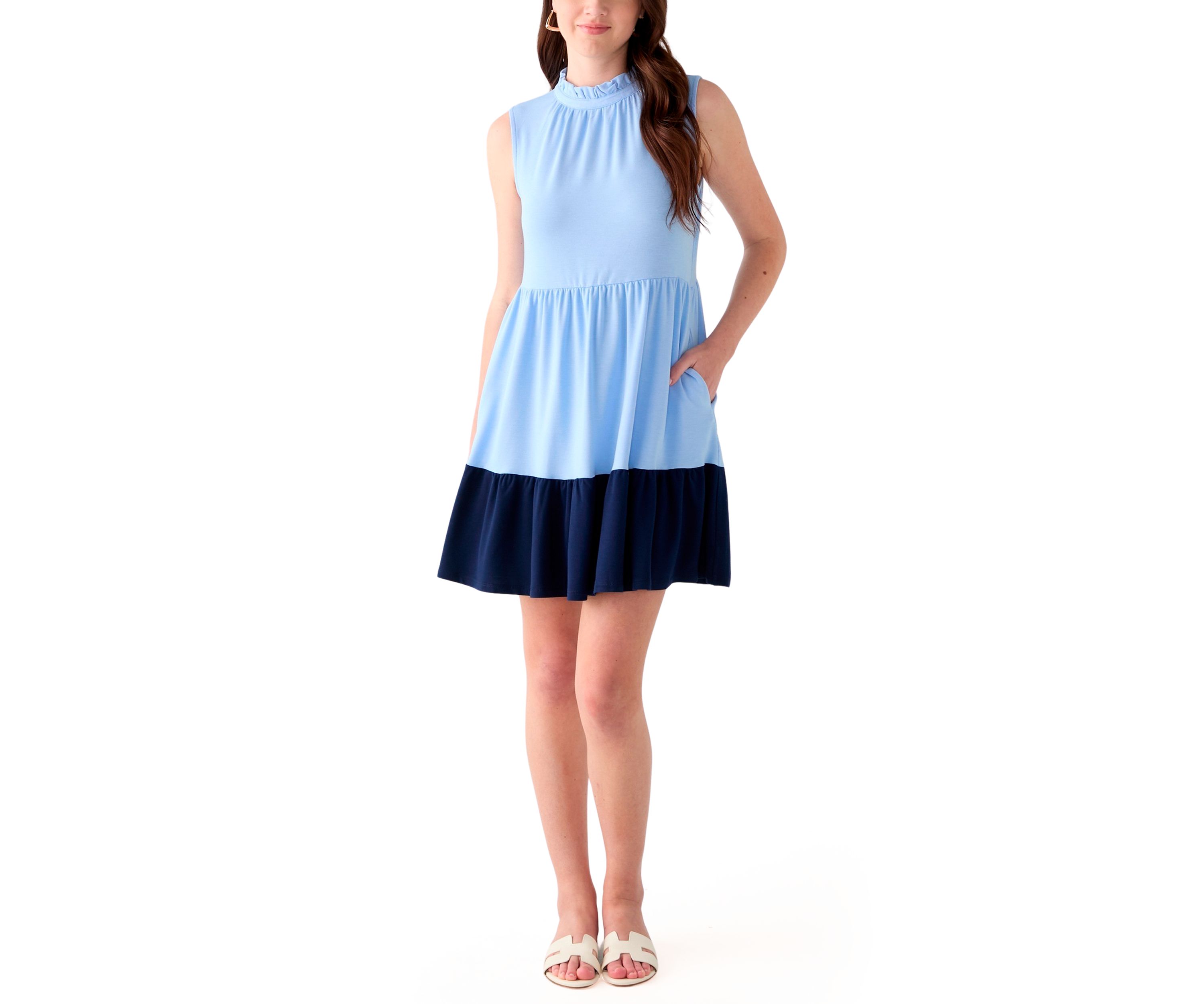 Womens Sleeveless Color Block Tiered Mini Dress