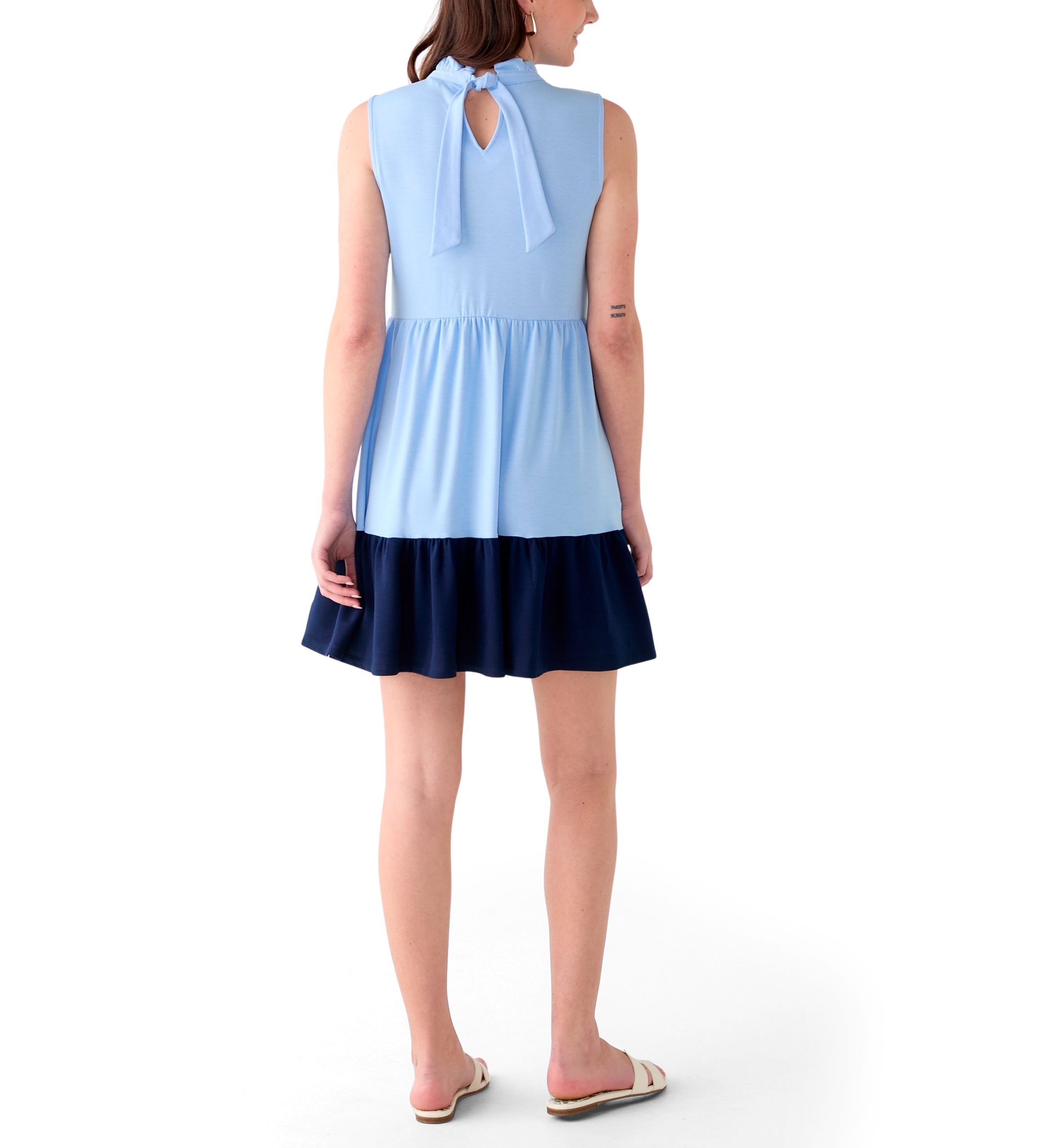 Womens Sleeveless Color Block Tiered Mini Dress