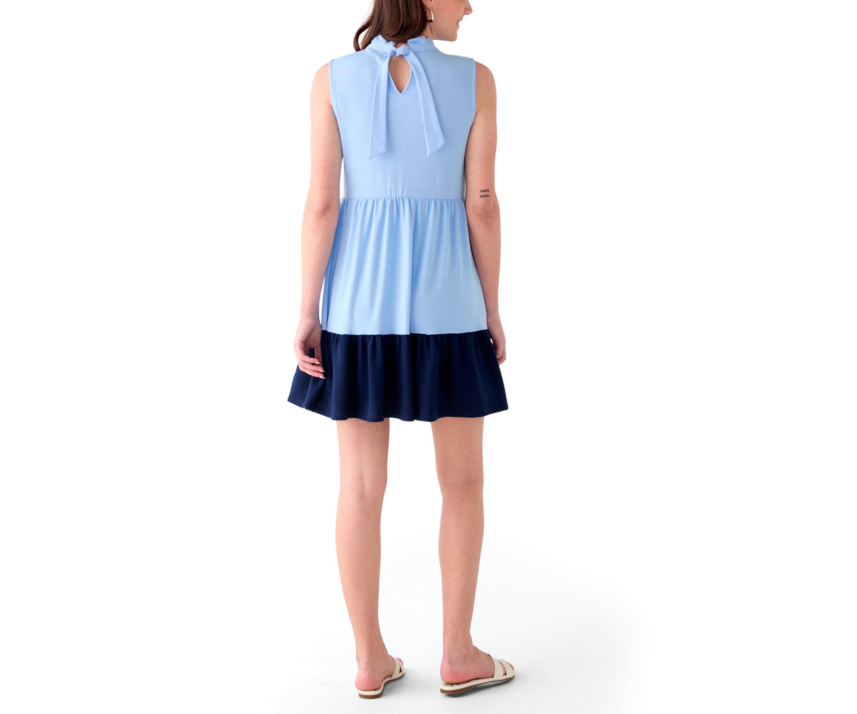 Womens Sleeveless Color Block Tiered Mini Dress