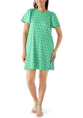 Crown & Ivy Women's Short Puff Sleeve Crew Neck Printed Mini Dress