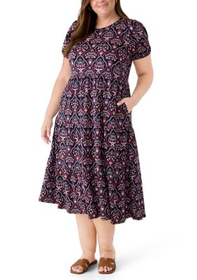 Crown & Ivy Women's Plus Size Short Sleeve Baby Terry Tiered Dress