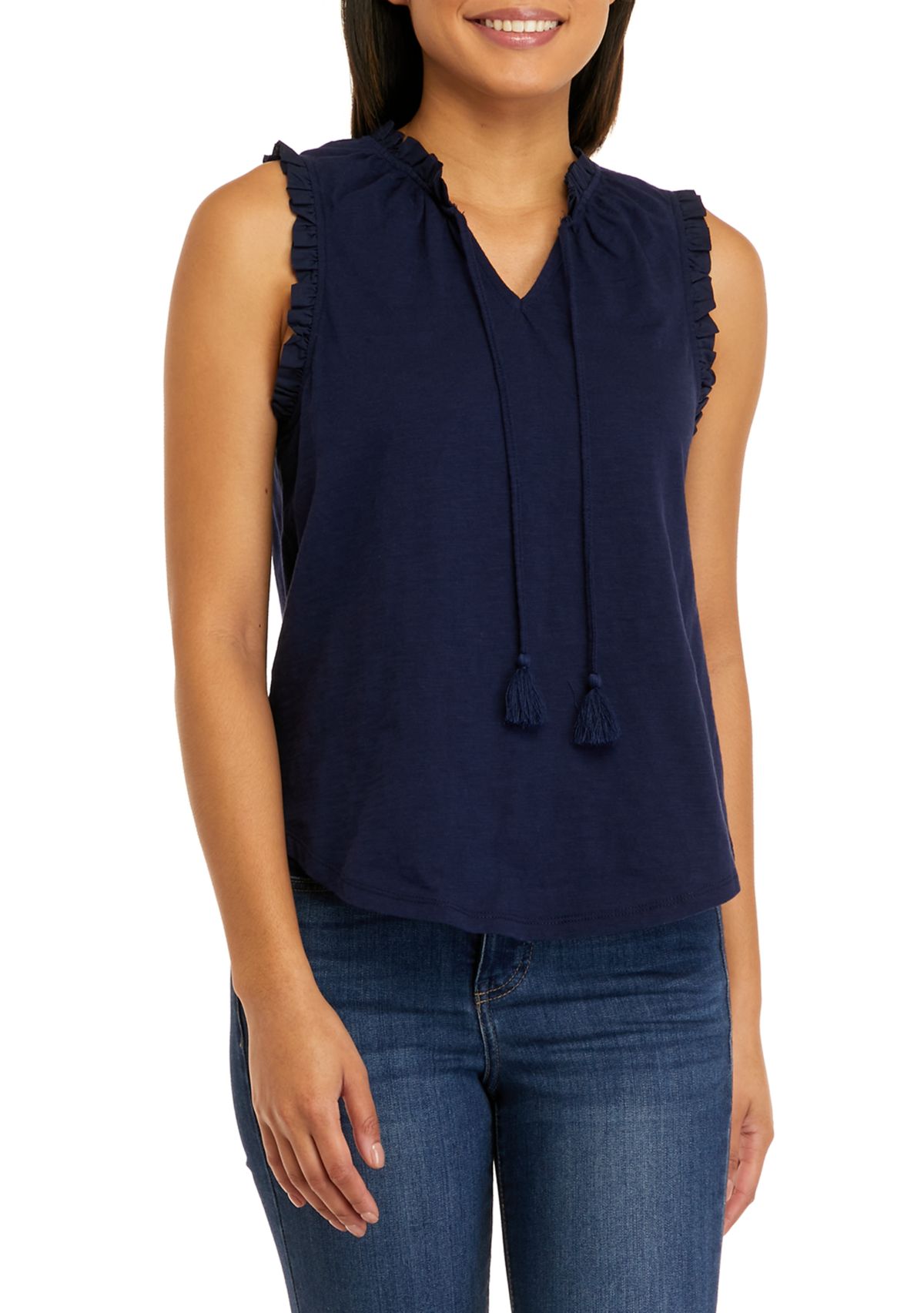 Womens Sleeveless Ruffle Trim Tassel Tank 