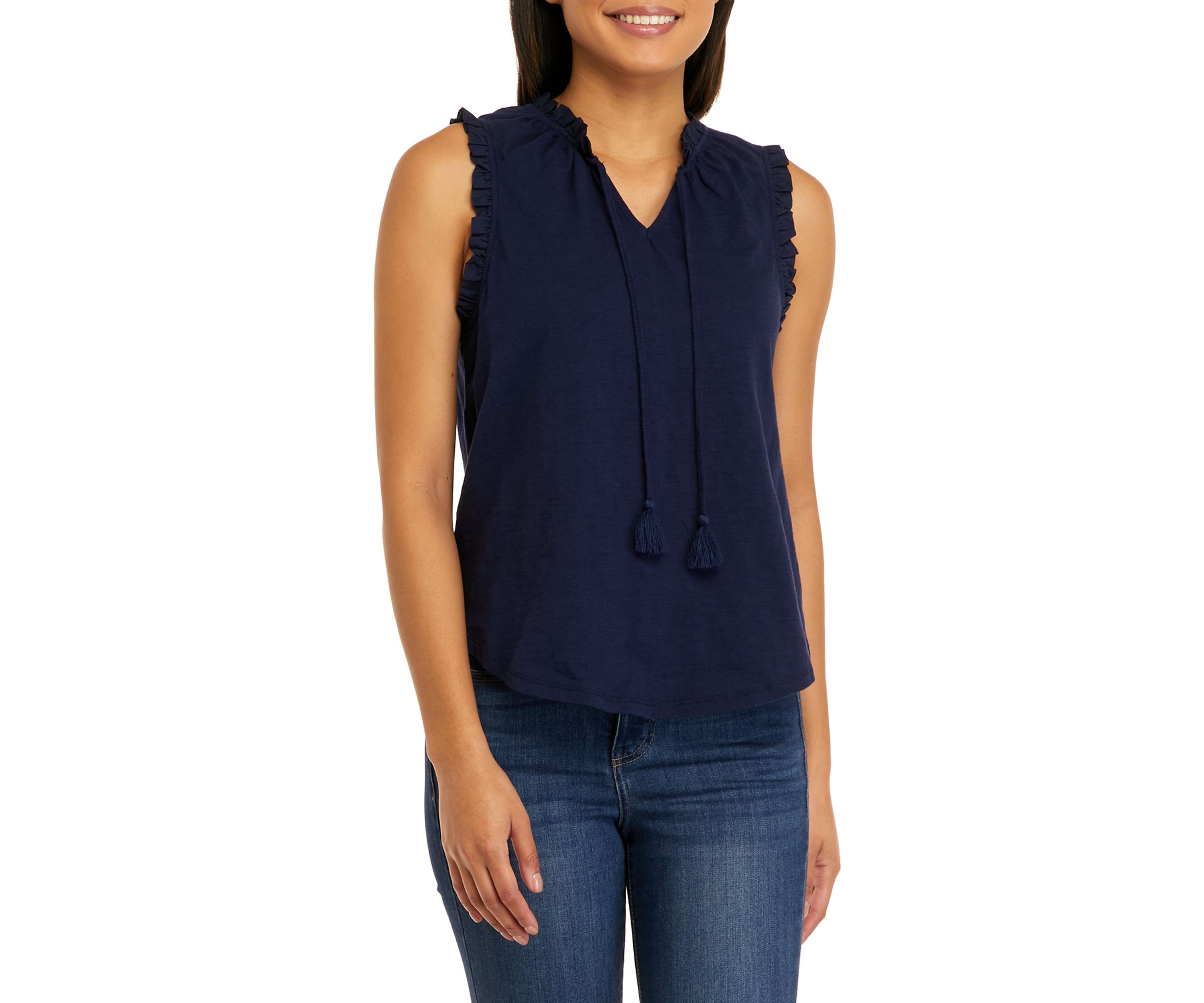 Womens Sleeveless Ruffle Trim Tassel Tank 