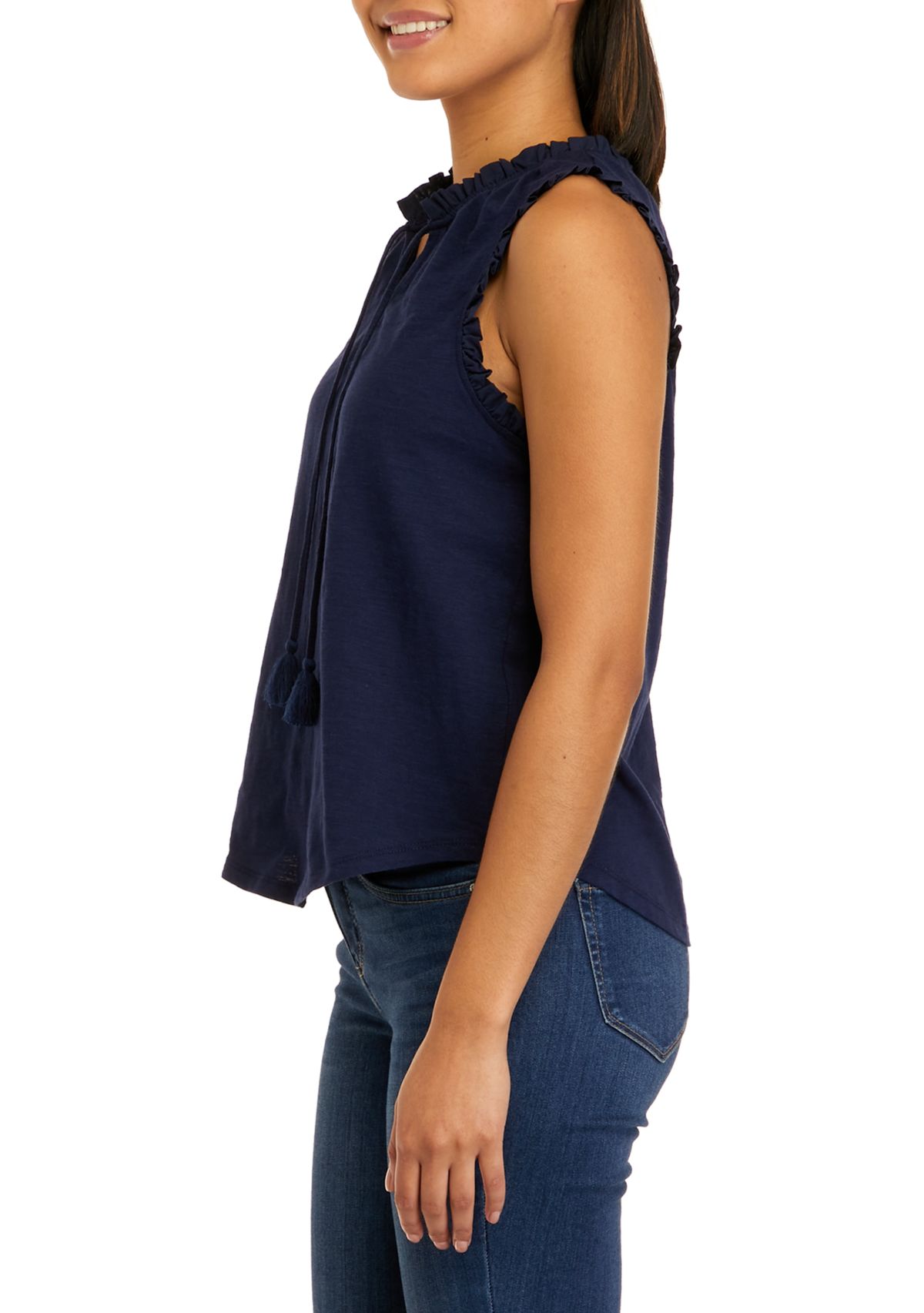 Womens Sleeveless Ruffle Trim Tassel Tank 