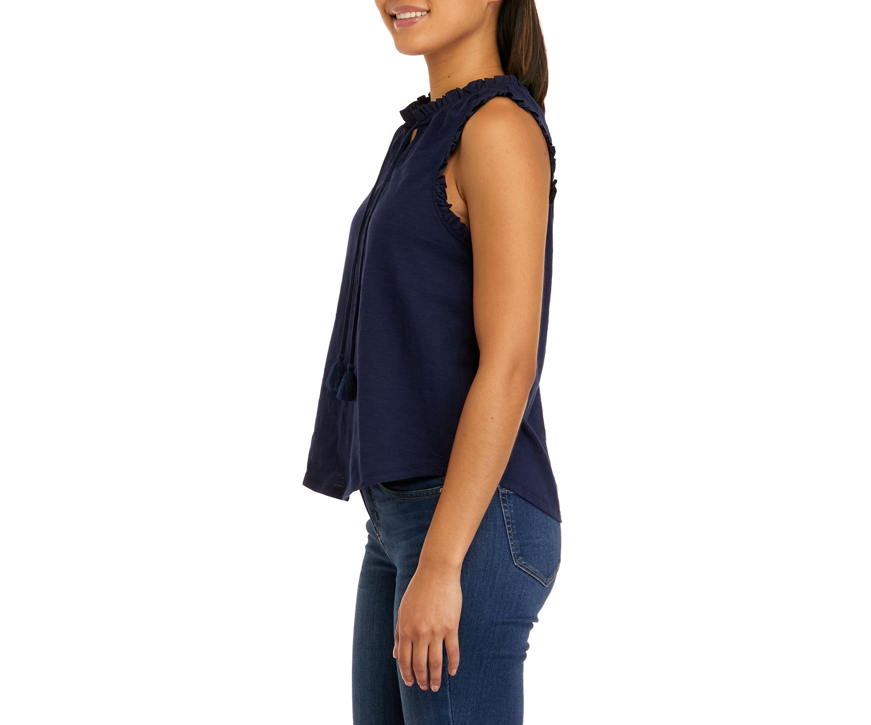Womens Sleeveless Ruffle Trim Tassel Tank 
