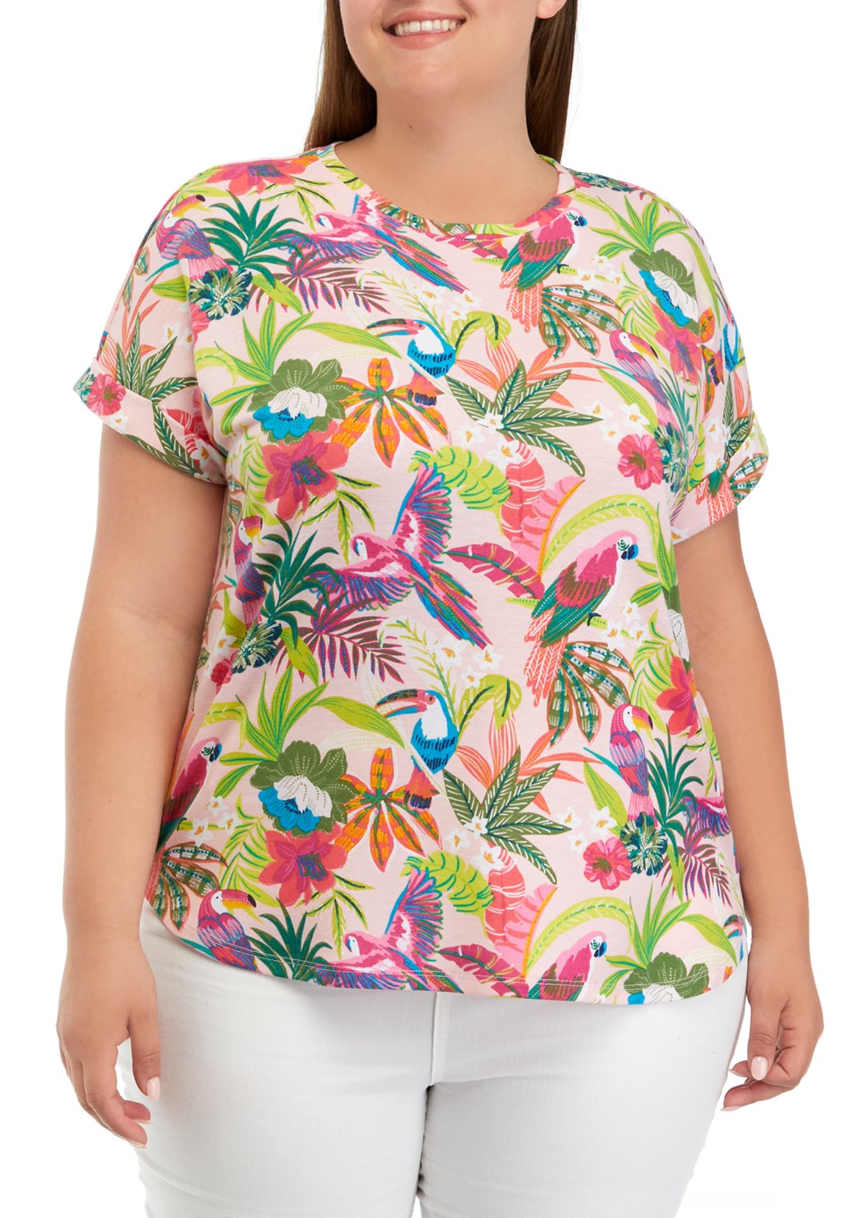 	  Plus Size Cuff Short Sleeve Smile Hem Shirt 
