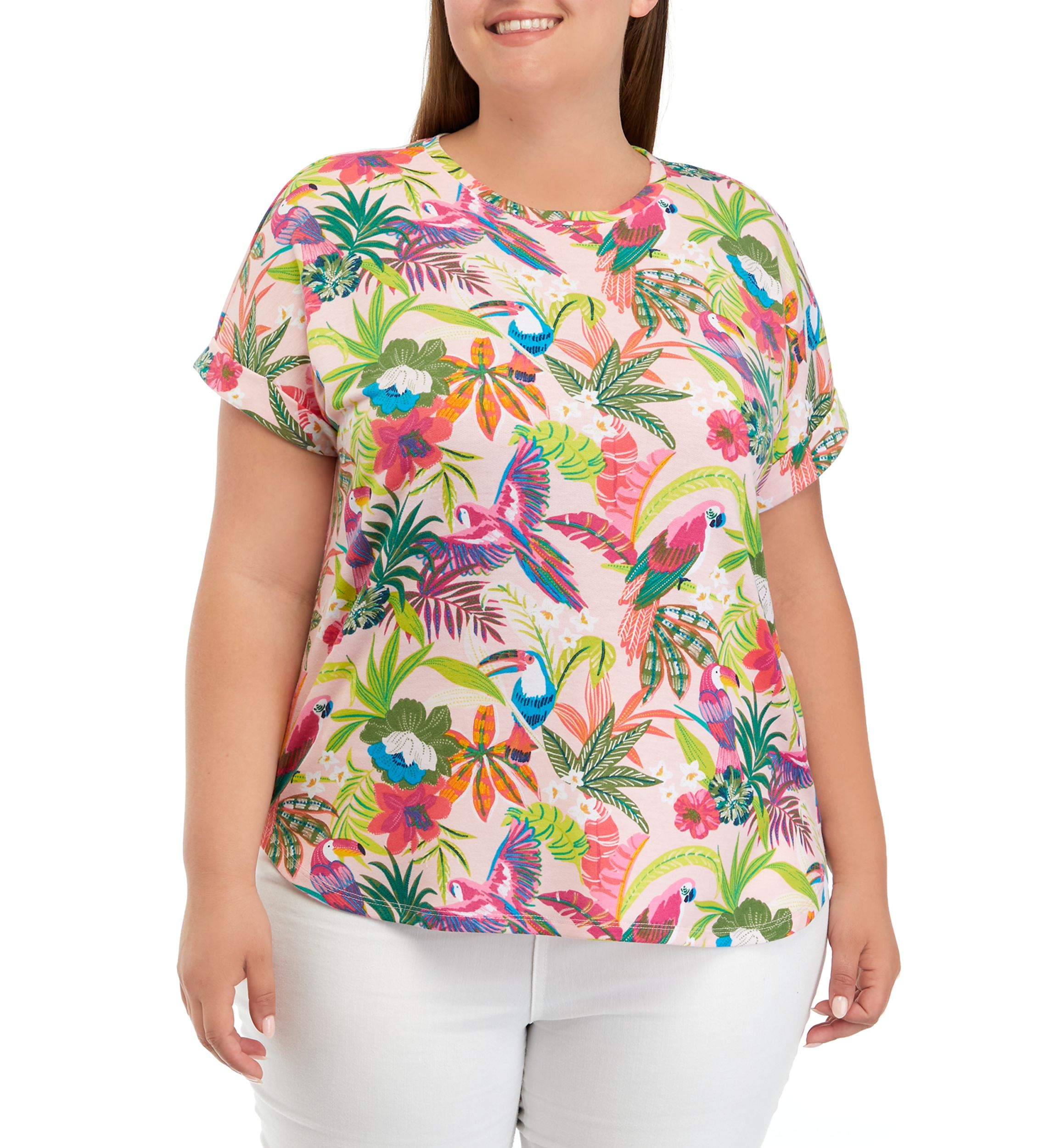 	  Plus Size Cuff Short Sleeve Smile Hem Shirt 