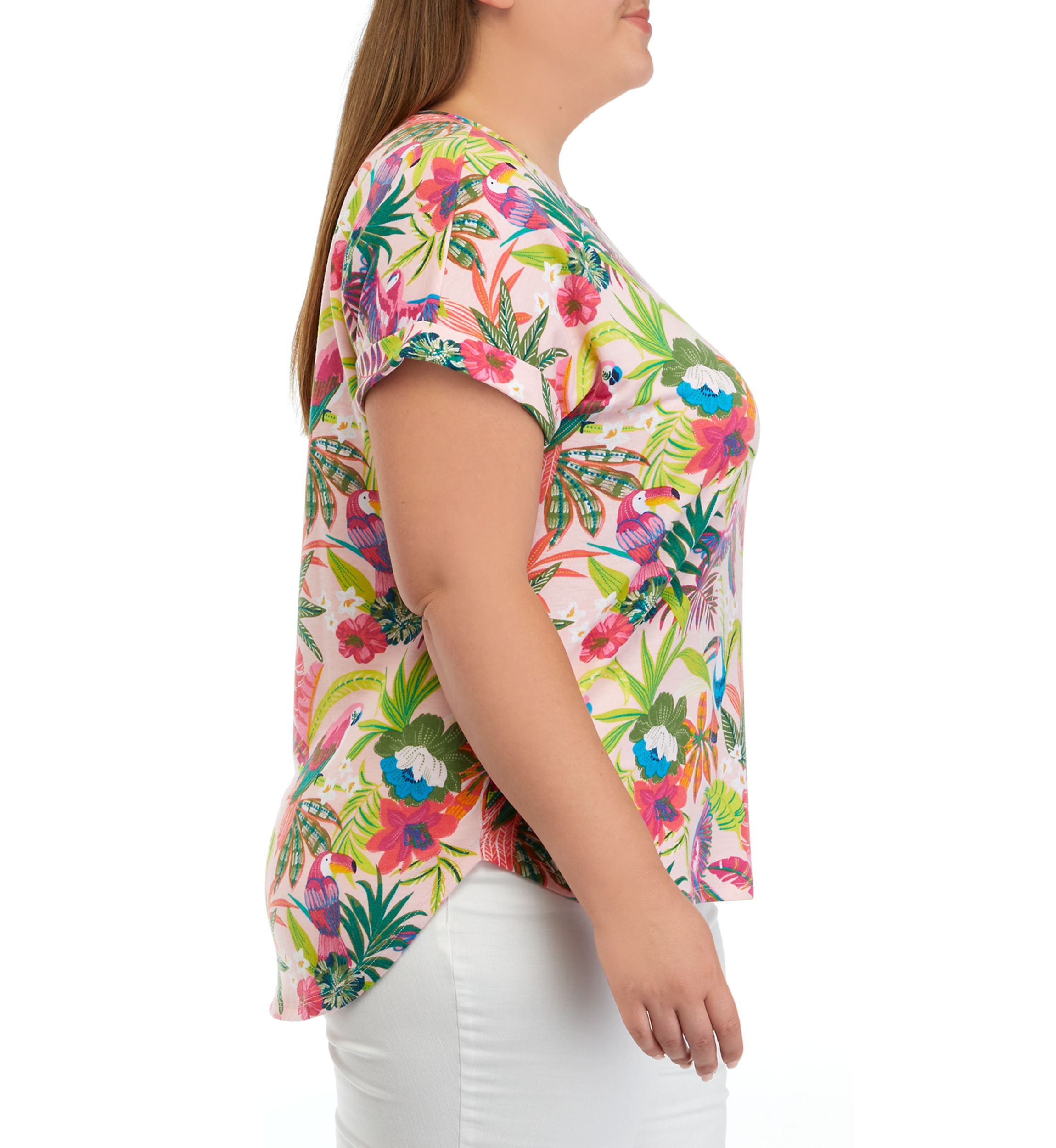 	  Plus Size Cuff Short Sleeve Smile Hem Shirt 