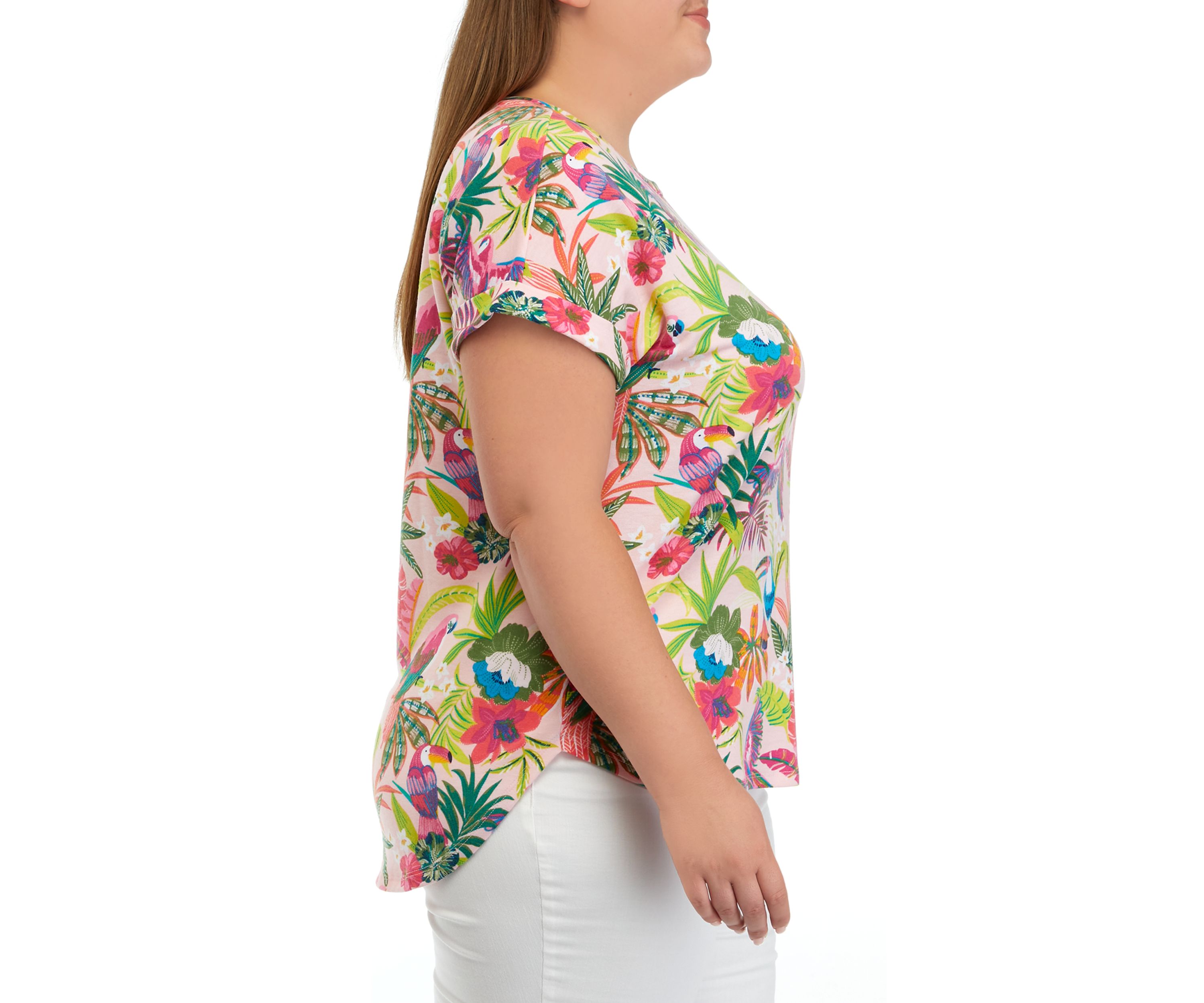 	  Plus Size Cuff Short Sleeve Smile Hem Shirt 