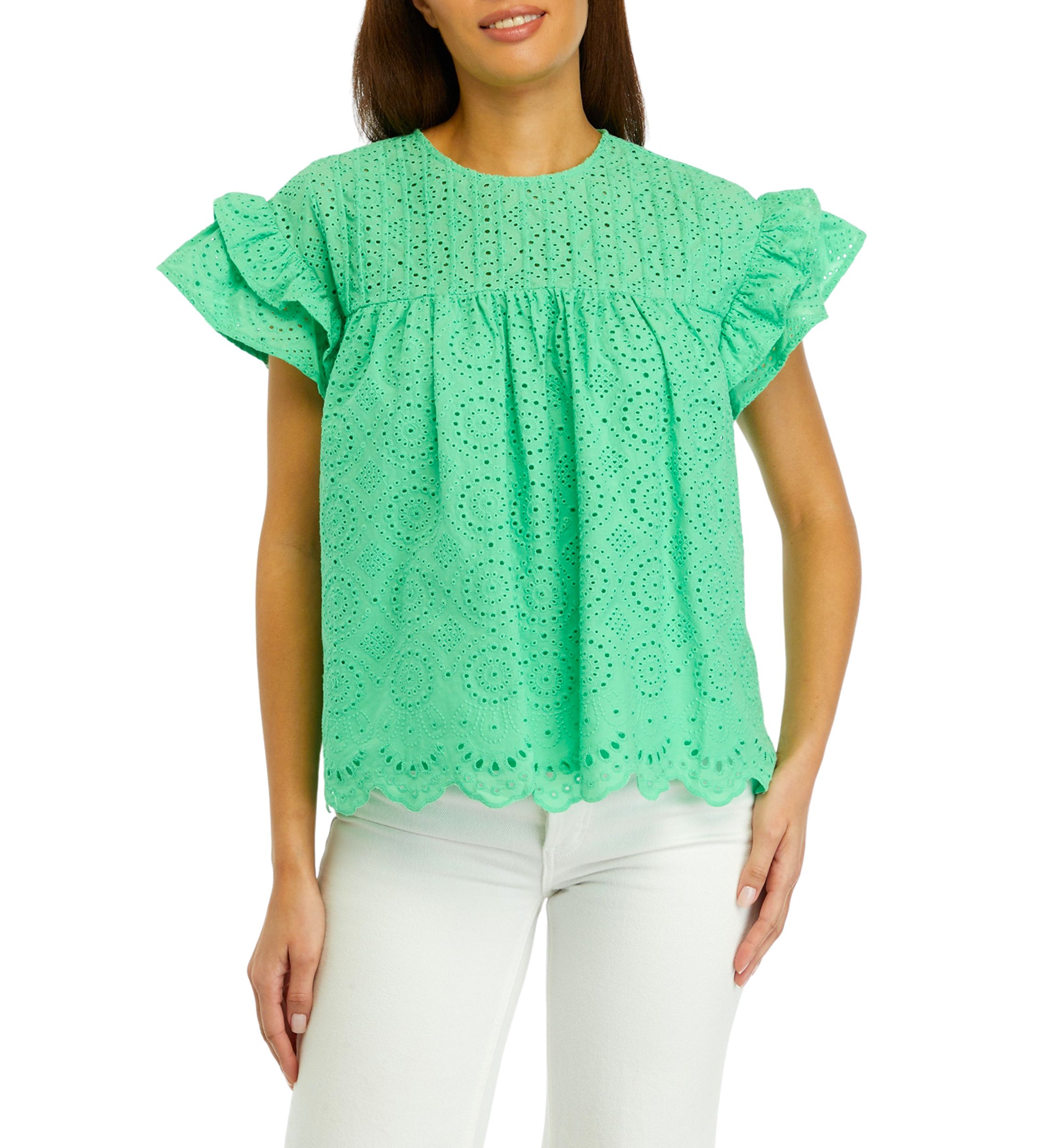 Womens Eyelet Scallop Trim Top 