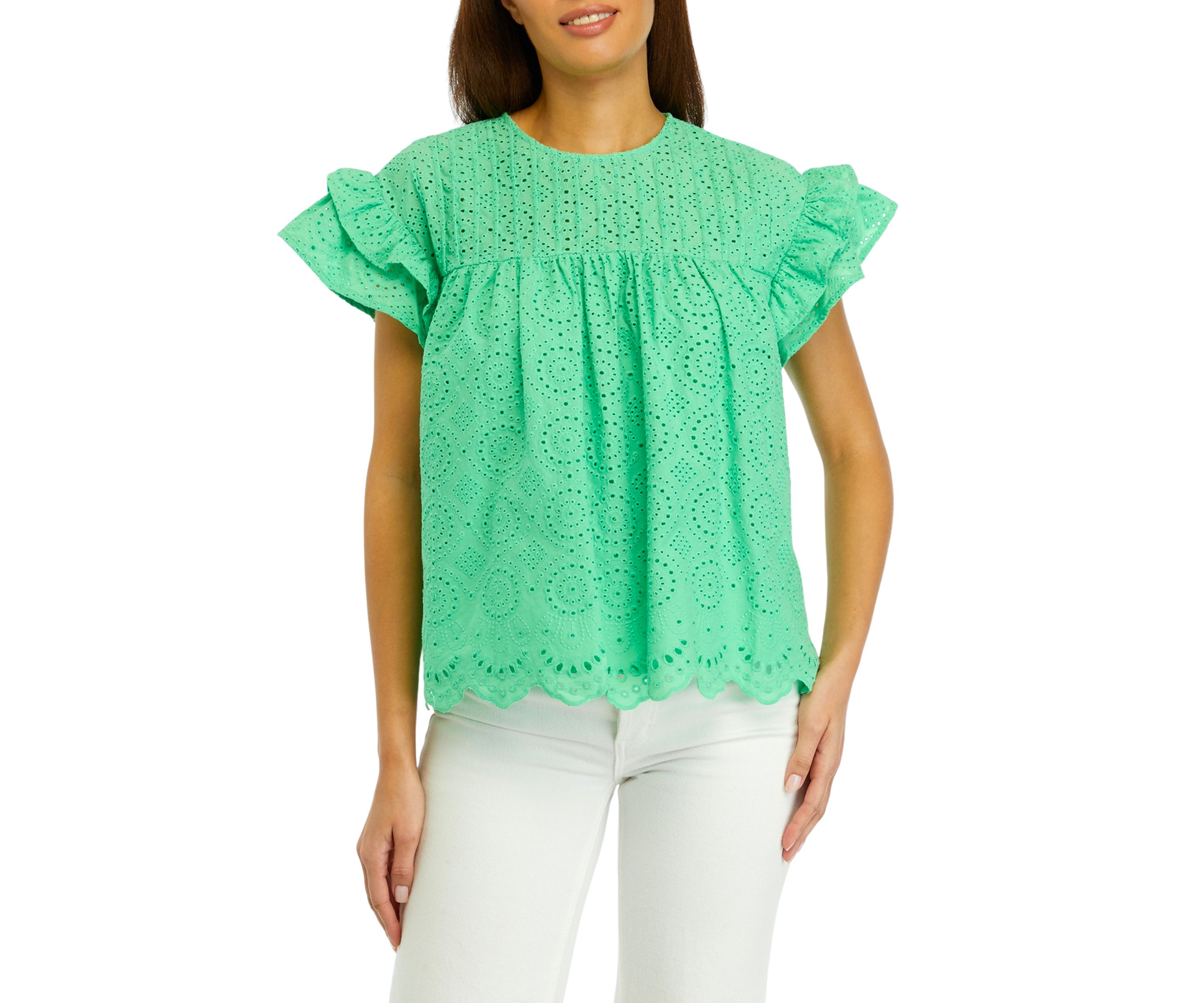 Womens Eyelet Scallop Trim Top 