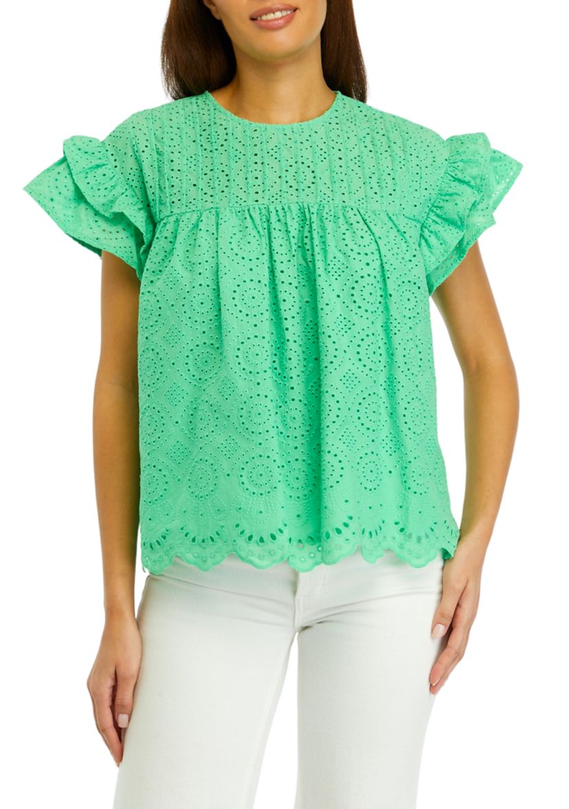 Womens Eyelet Scallop Trim Top 
