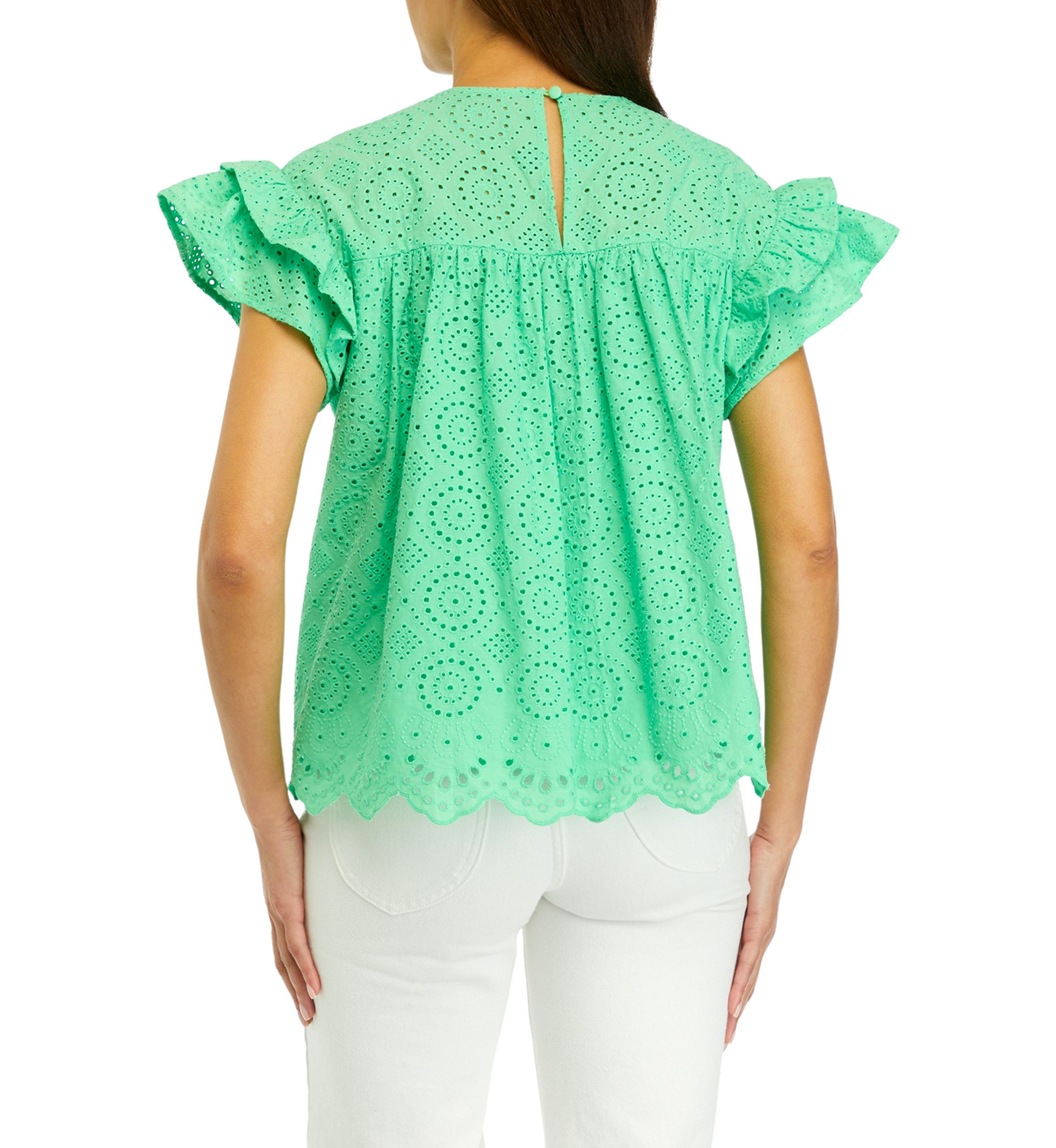 Womens Eyelet Scallop Trim Top 