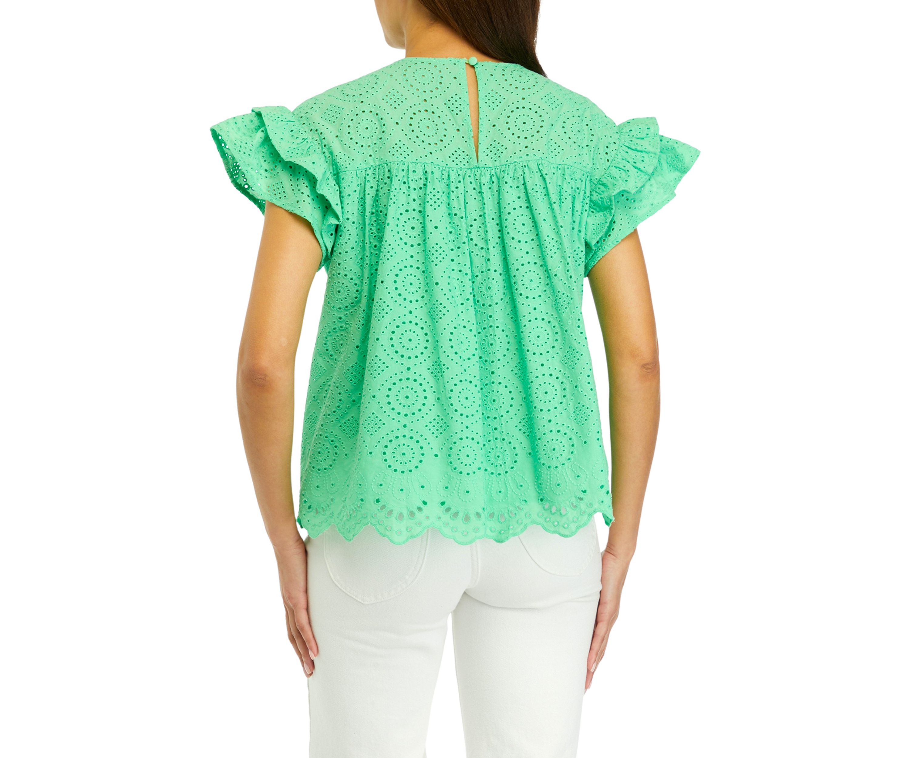 Womens Eyelet Scallop Trim Top 