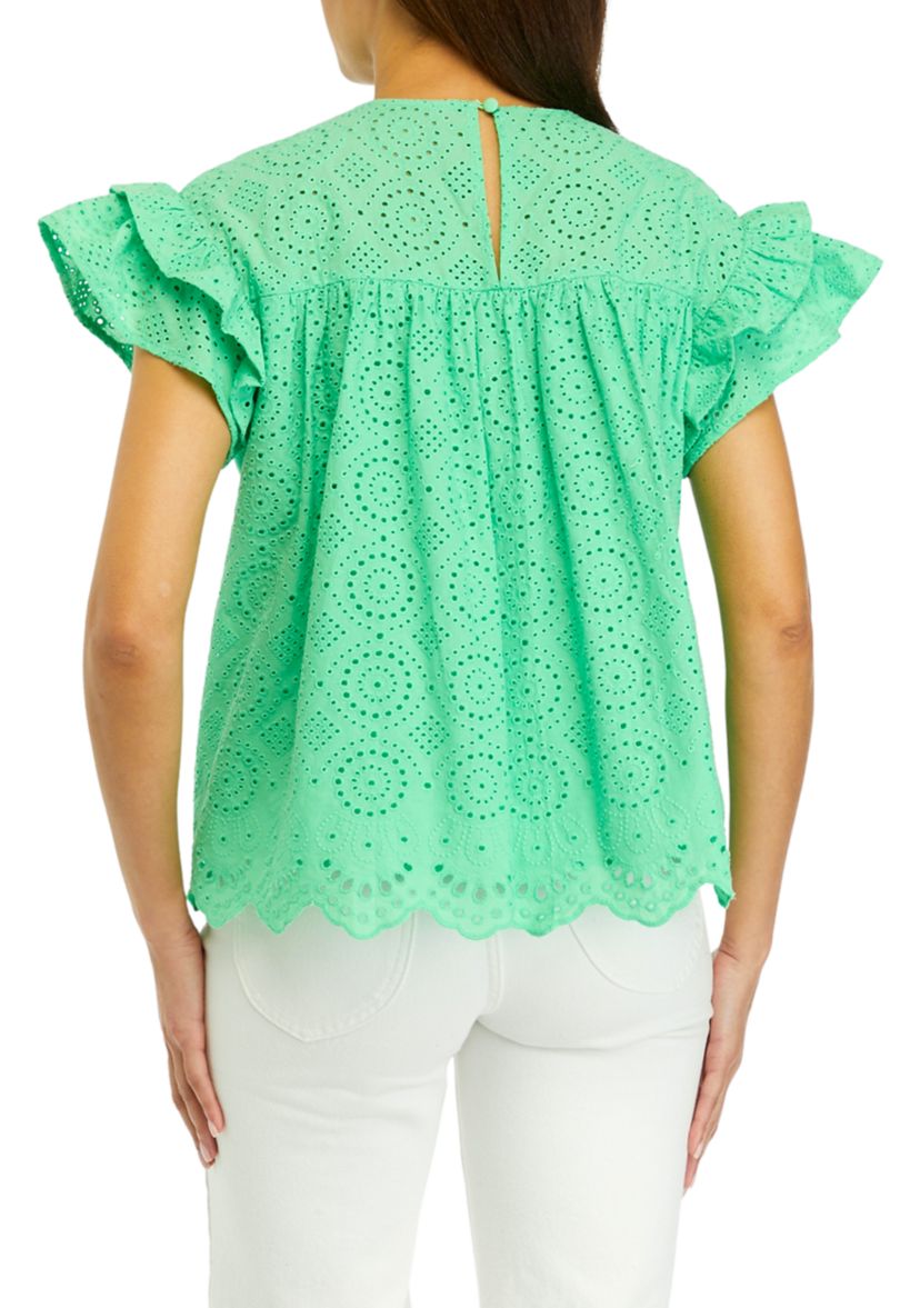 Womens Eyelet Scallop Trim Top 