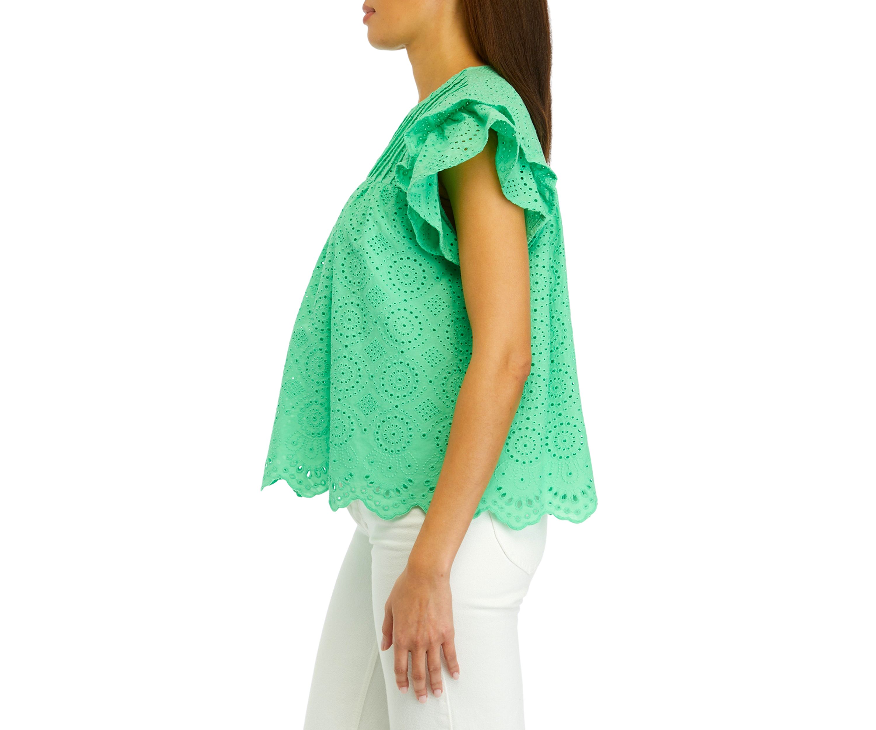 Womens Eyelet Scallop Trim Top 