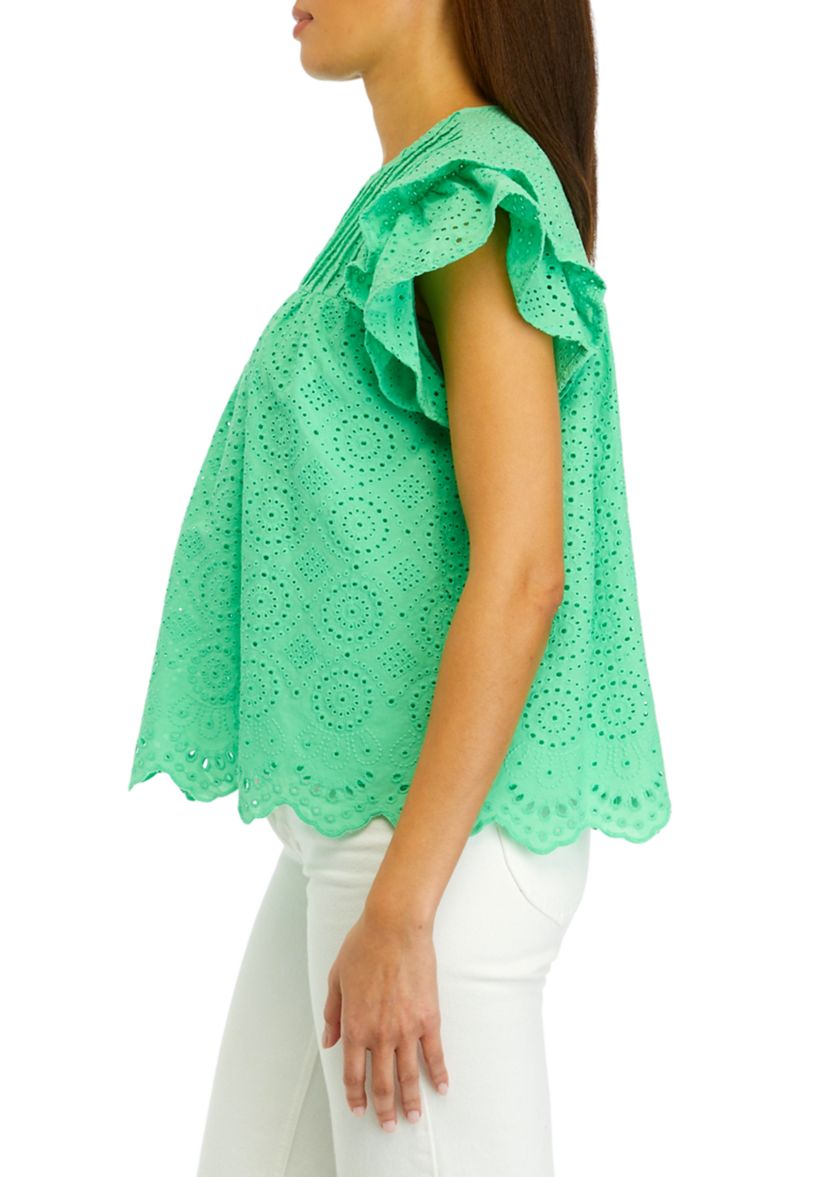 Womens Eyelet Scallop Trim Top 