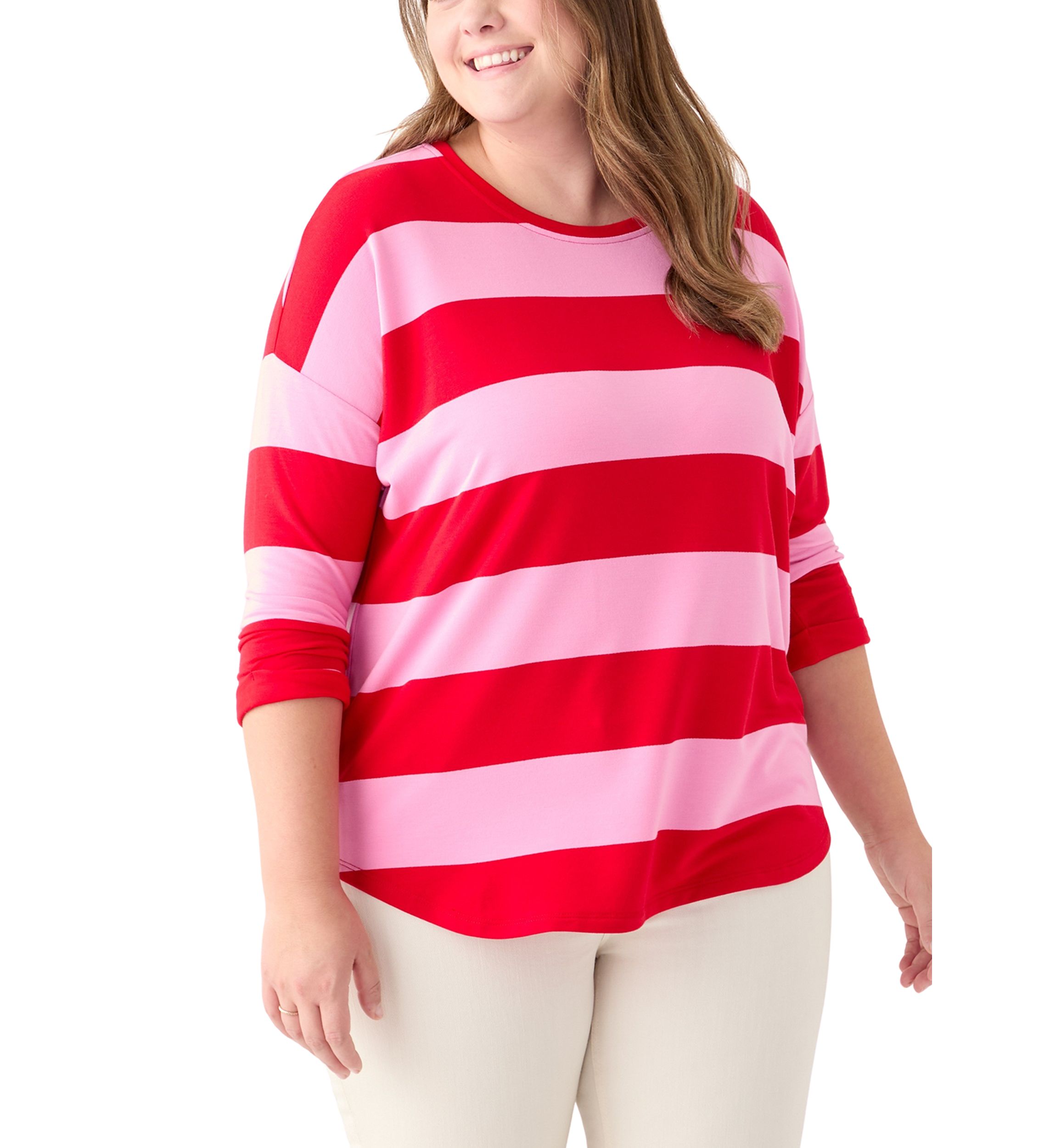 Plus Size 3/4 Sleeve Baby Terry Yarn Dyed Stripe Top