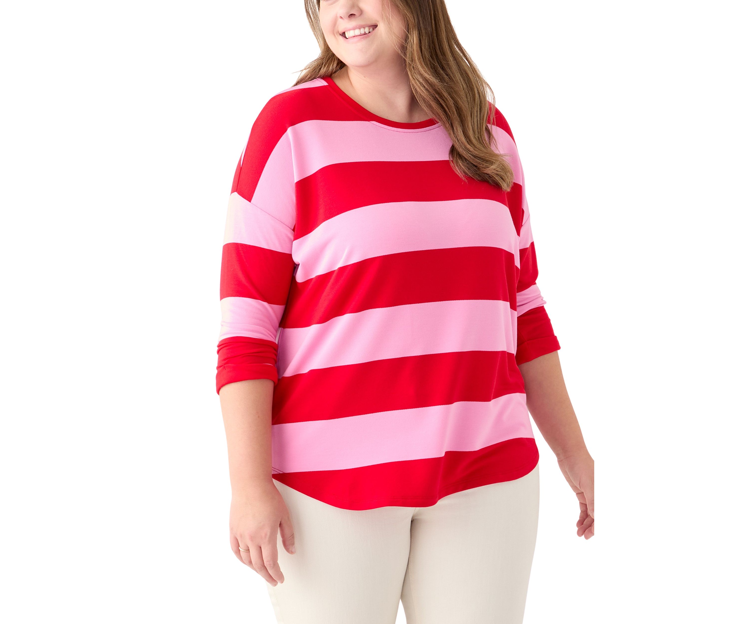 Plus Size 3/4 Sleeve Baby Terry Yarn Dyed Stripe Top