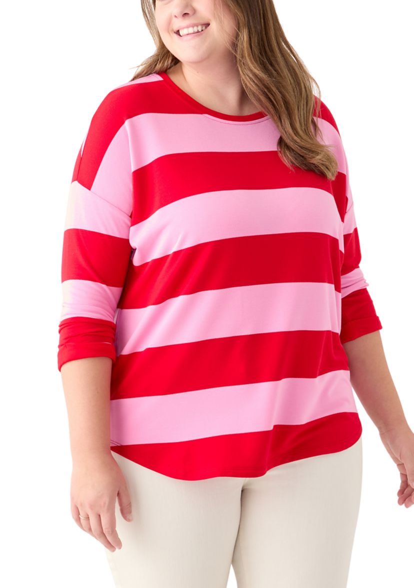Plus Size 3/4 Sleeve Baby Terry Yarn Dyed Stripe Top