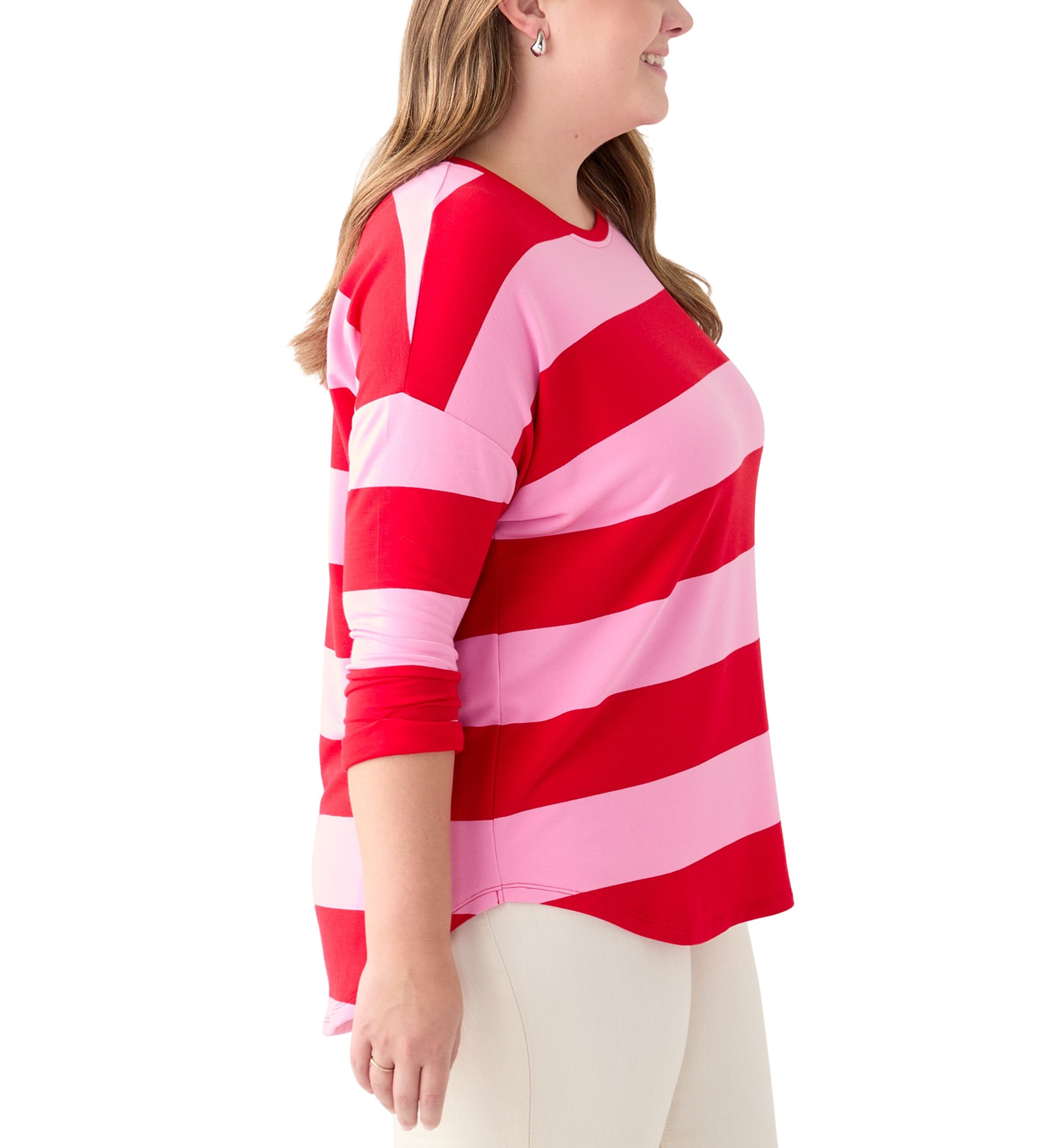 Plus Size 3/4 Sleeve Baby Terry Yarn Dyed Stripe Top